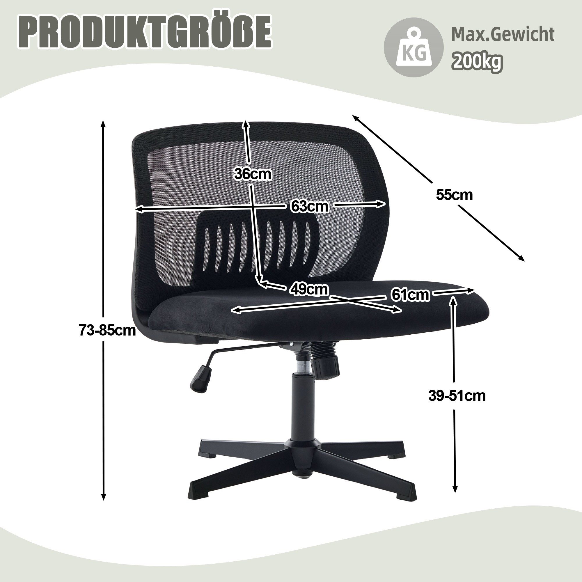 LVHOM Bürostuhl Armloser Drehstuhl, 61cm Breitsitz(jeder Körpertyp), Höhenverstellbar (360°drehbar, 20°neigbar Wippfunktion, gekreuzten Beinen. Ergonomisch, Wählbar zwischen Mesh(atmungsaktiv)-/ Velours(Winterkomfort)-Bezug, mit Stahlbeinen in Schwarz/Weiß. Bis 200kg, Rückendruckentlastung durch U-Form), Schneidersitz. Für Make-up, Lesen, Gaming, Büro, Homeoffice, Leseecke