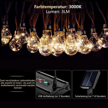 Aoucheni LED Solarleuchte Solar Lichterkette Aussen 20 LED 7.6M, Warmweiß, 8 Modi 4 Helligkeit lichterkette glühbirnen für Gärten