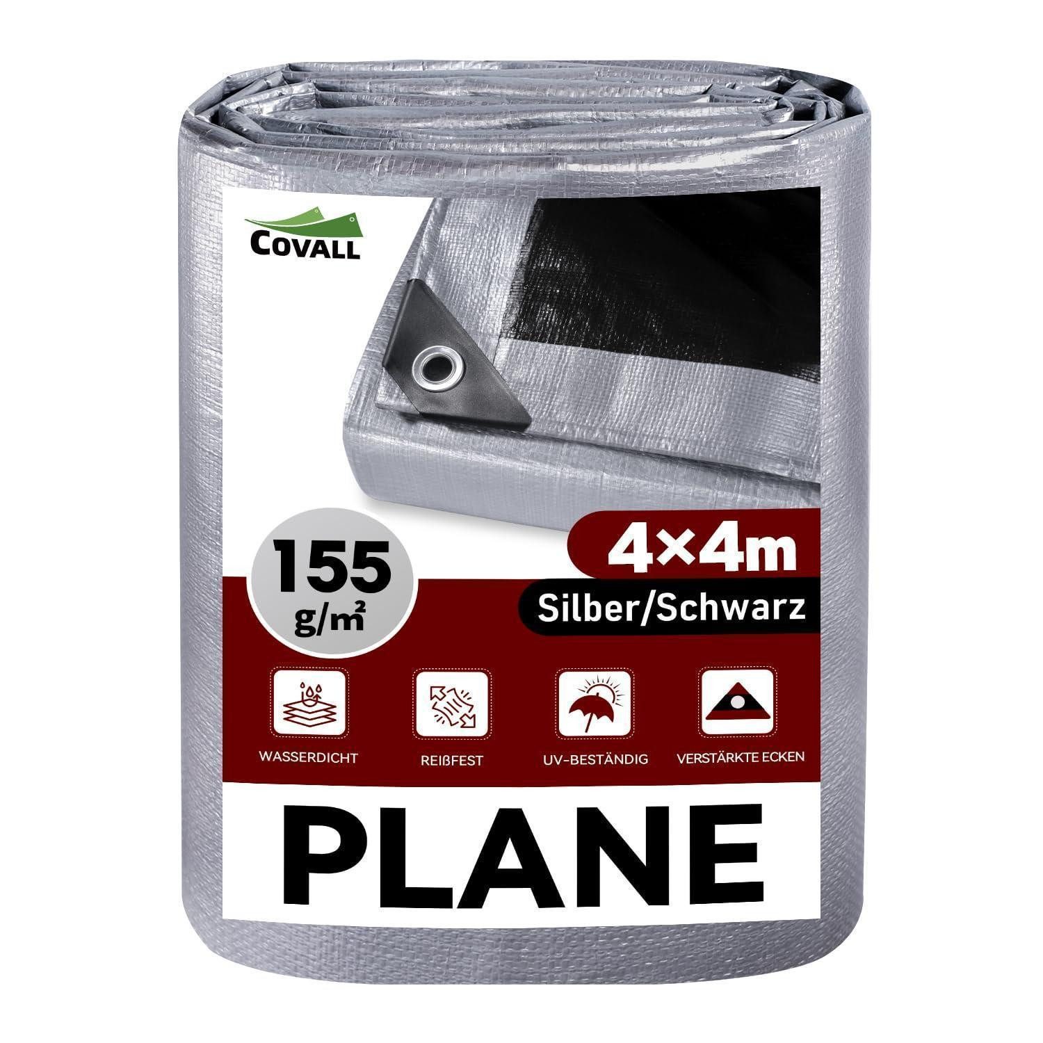 LuxusKollektion Schutzplane Abdeckplane Ösen Wasserdicht 4x4m 155g Silber Schwarz-155gsm 4m x 4m (1-St)