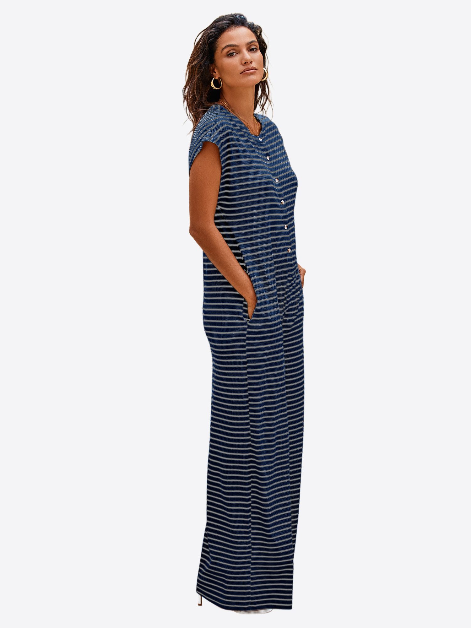 Imily Bela Jumpsuit Damen Hausanzug Homewear Gestreift Weit Bein Waffelstrick Sommer Loose (Packung, 1-tlg., 1per-Pack) mit Knopfleiste gehäkelt