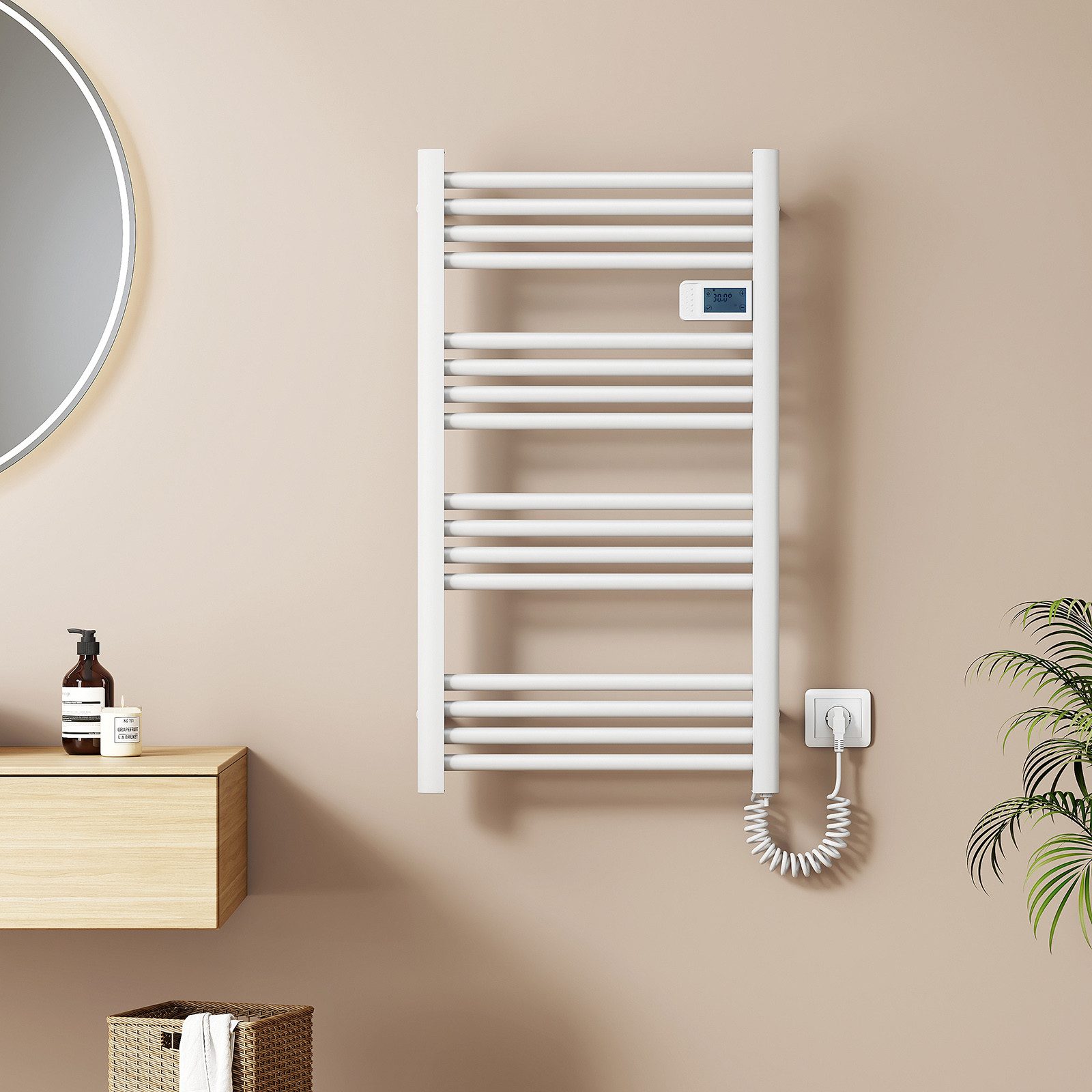 EMKE Elektrischer Badheizkörper Gerade mit Intelligenten Thermostat LED-Temperatur Time Disaplay, Handtuchtrockner aus Aluminium 4 Modi Kindersicherung