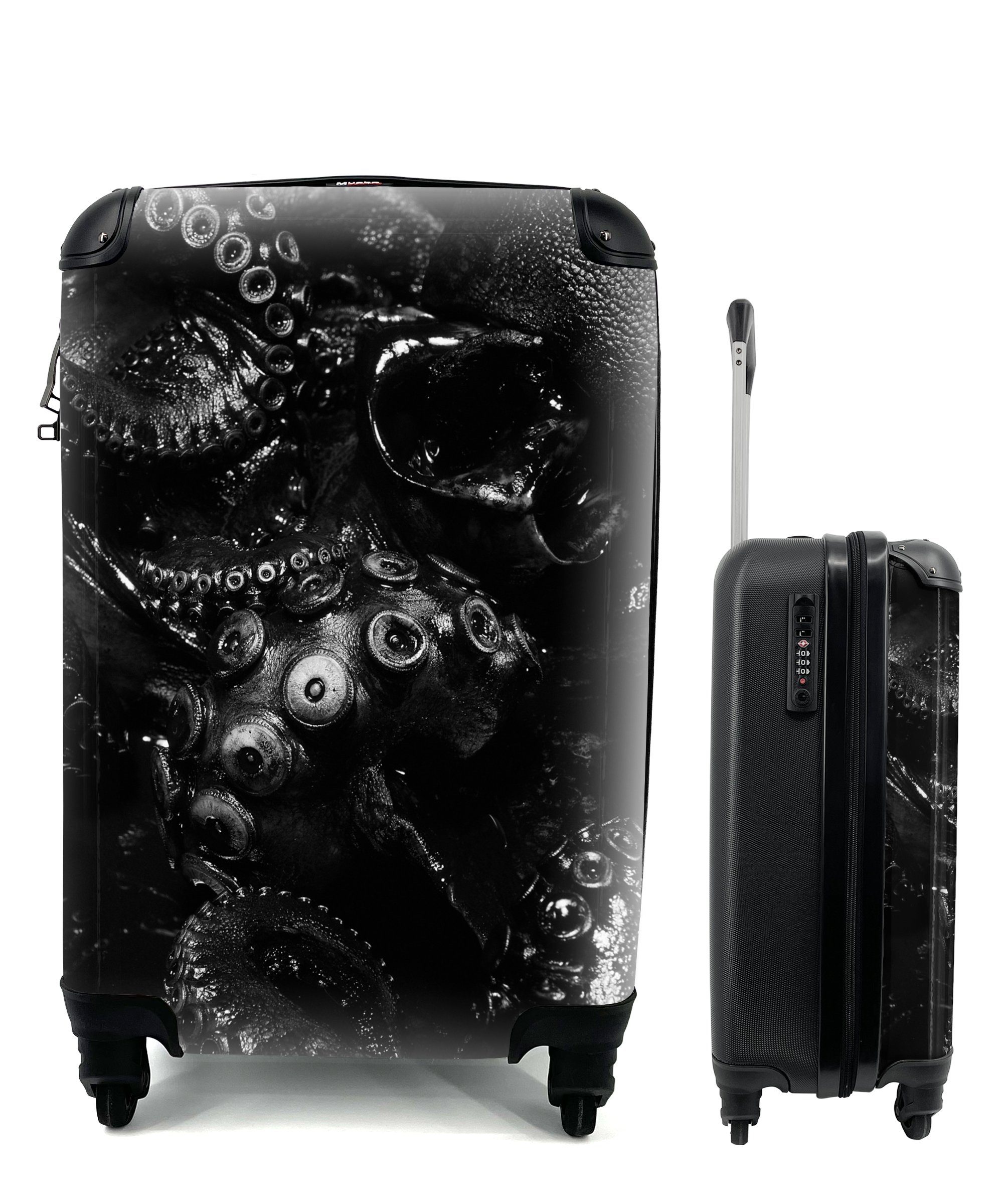 MuchoWow Handgepäckkoffer Nahaufnahme Oktopus auf schwarzem Hintergrund in schwarz und weiß, 4 Rollen, Reisetasche mit rollen, Handgepäck für Ferien, Trolley, Reisekoffer