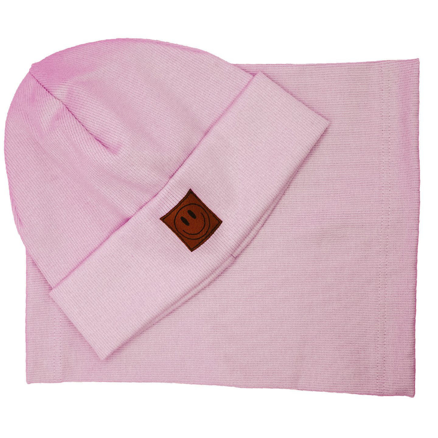 Blätterschming Beanie Mütze Gerippt mit Loop Schal – Motiv Smile Babymütze Gerippte Beanie mit Loop Schal und Smile-Patch