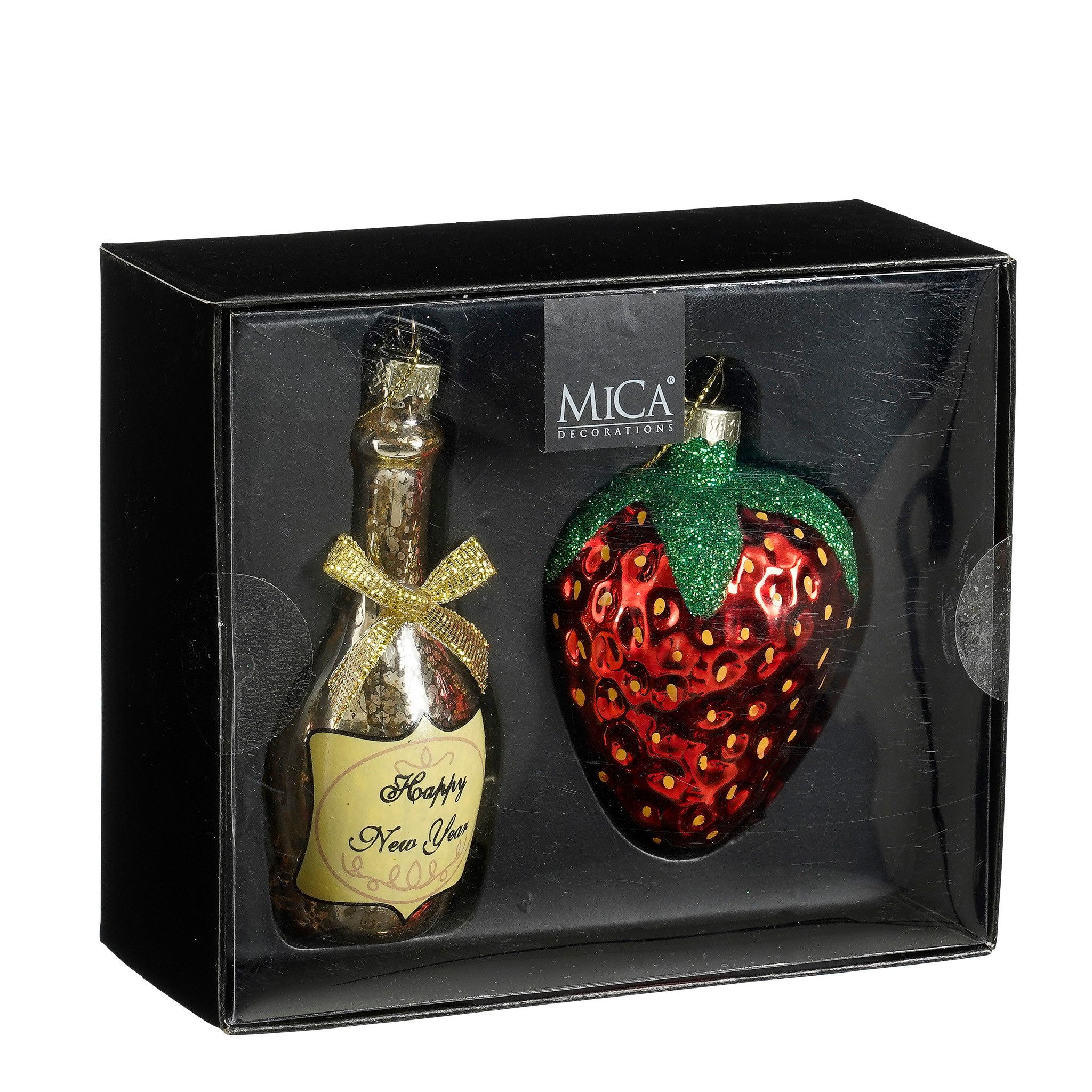 Mica Decorations Christbaumschmuck, Christbaumschmuck Glas 9,5cm Champagner & Erdbeere 2er Set Rot