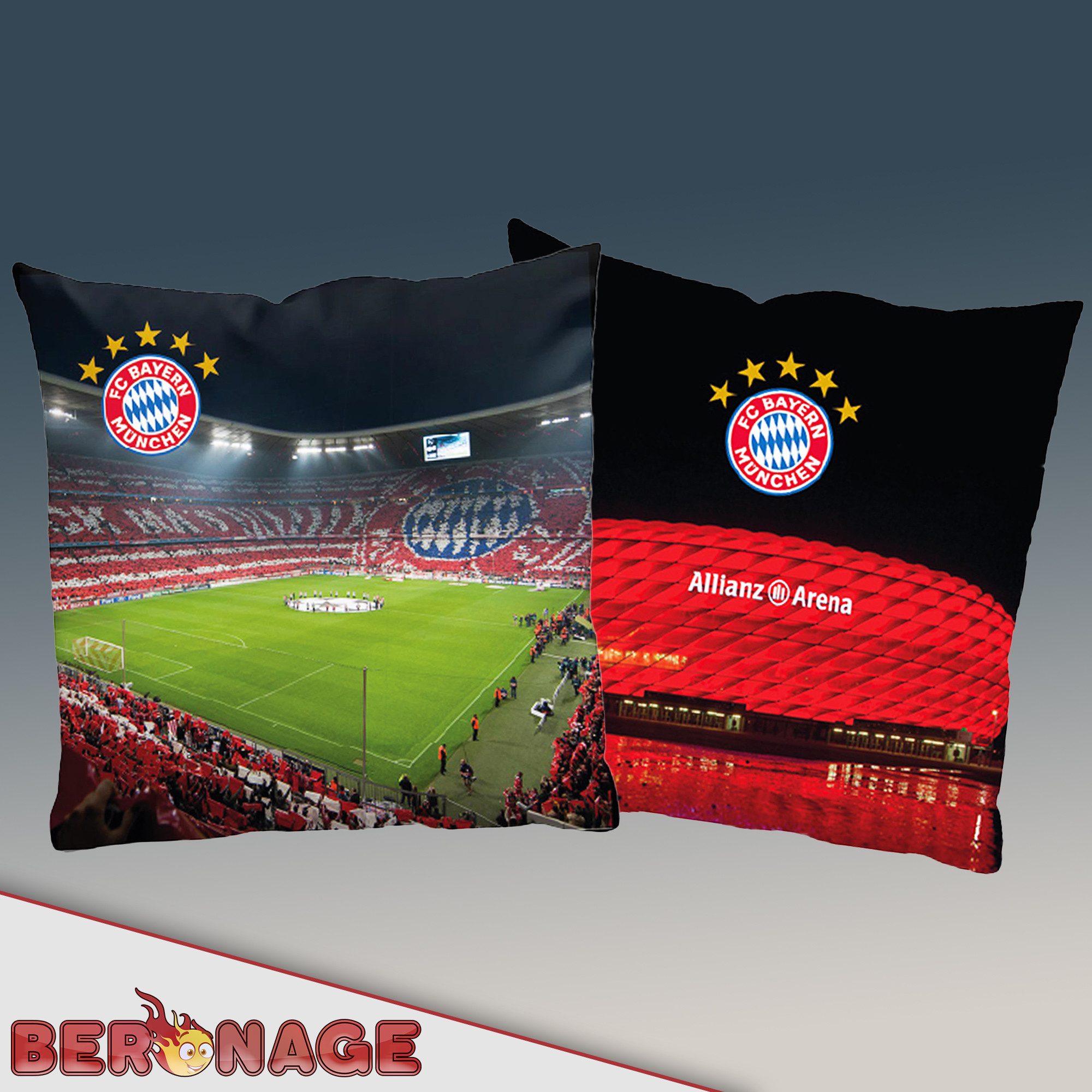 BERONAGE Dekokissen FC Bayern München Kissen Allianz Arena 40x40 cm Fußball-Kuschelkissen, passend zur Bettwäsche, ideal für Sofa, Couch, Bett, Auto, Camping