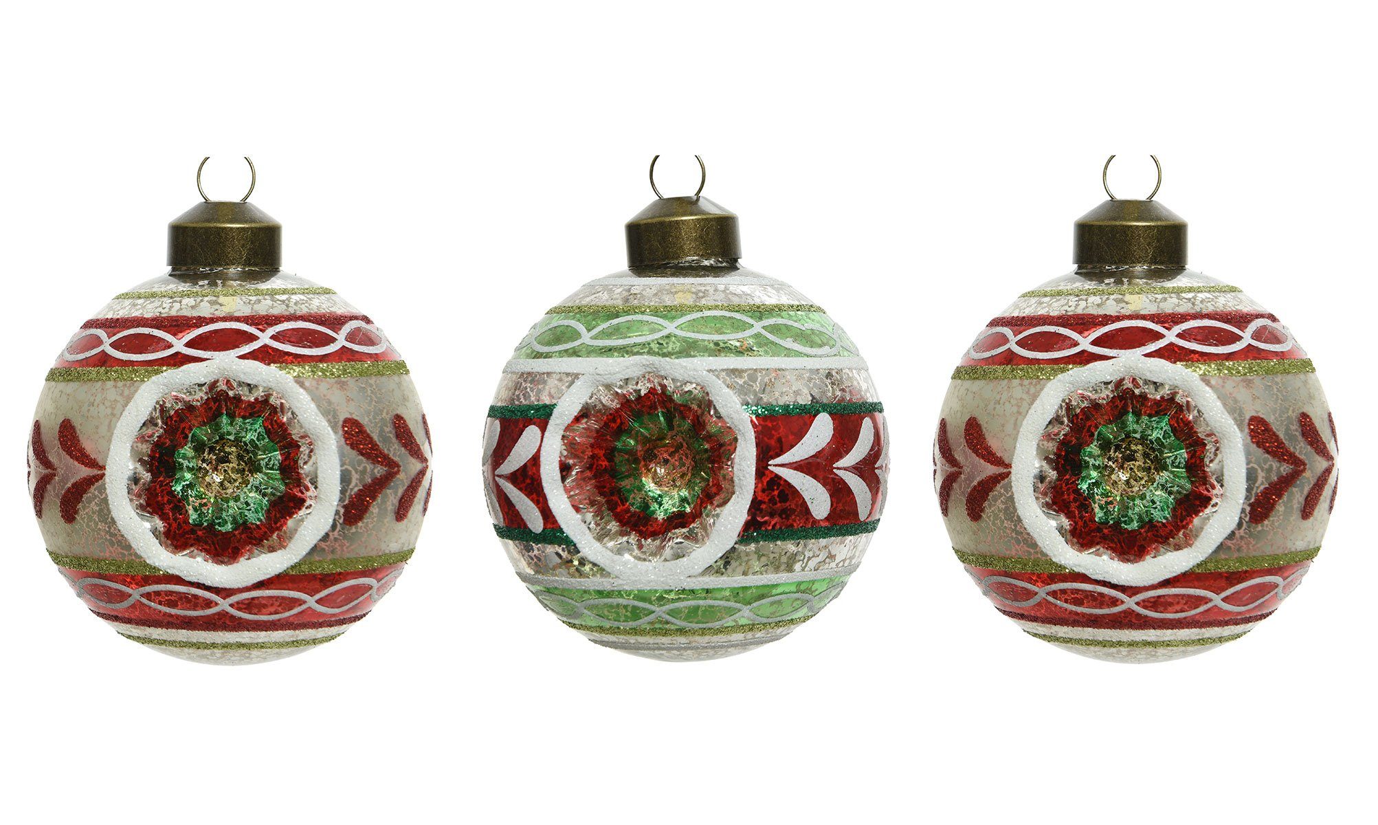 Decoris season decorations Christbaumschmuck, Weihnachtskugeln Glas mit Ornamenten Nostalgie 8cm rot / grün, 3er Set
