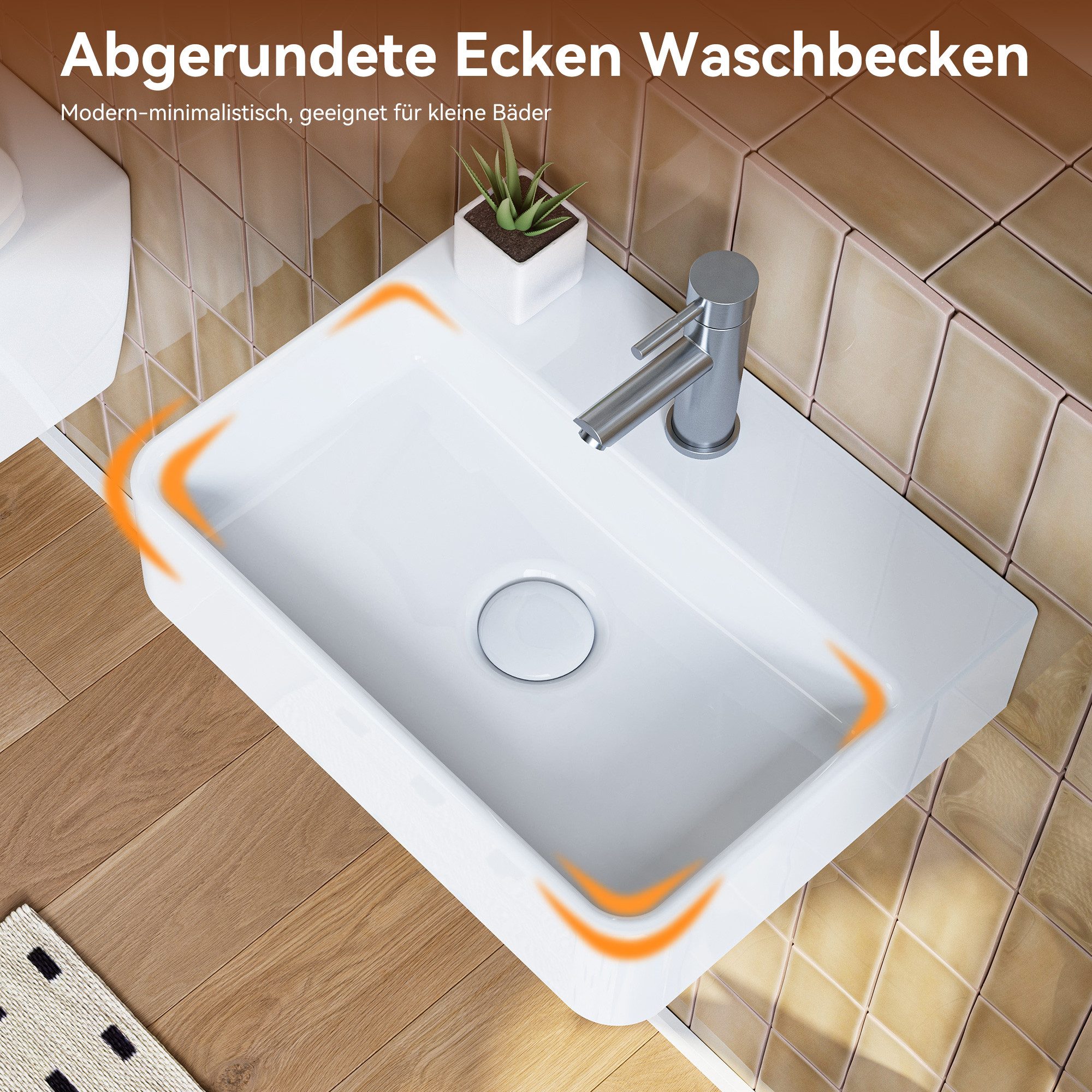 HOROW Waschbecken Aufsatzwaschbecken Hängewaschbecken Wandmontage Keramik 46*31cm (Waschtisch, mit Hahnloch und Überlauf - 60*42cm Weiß)