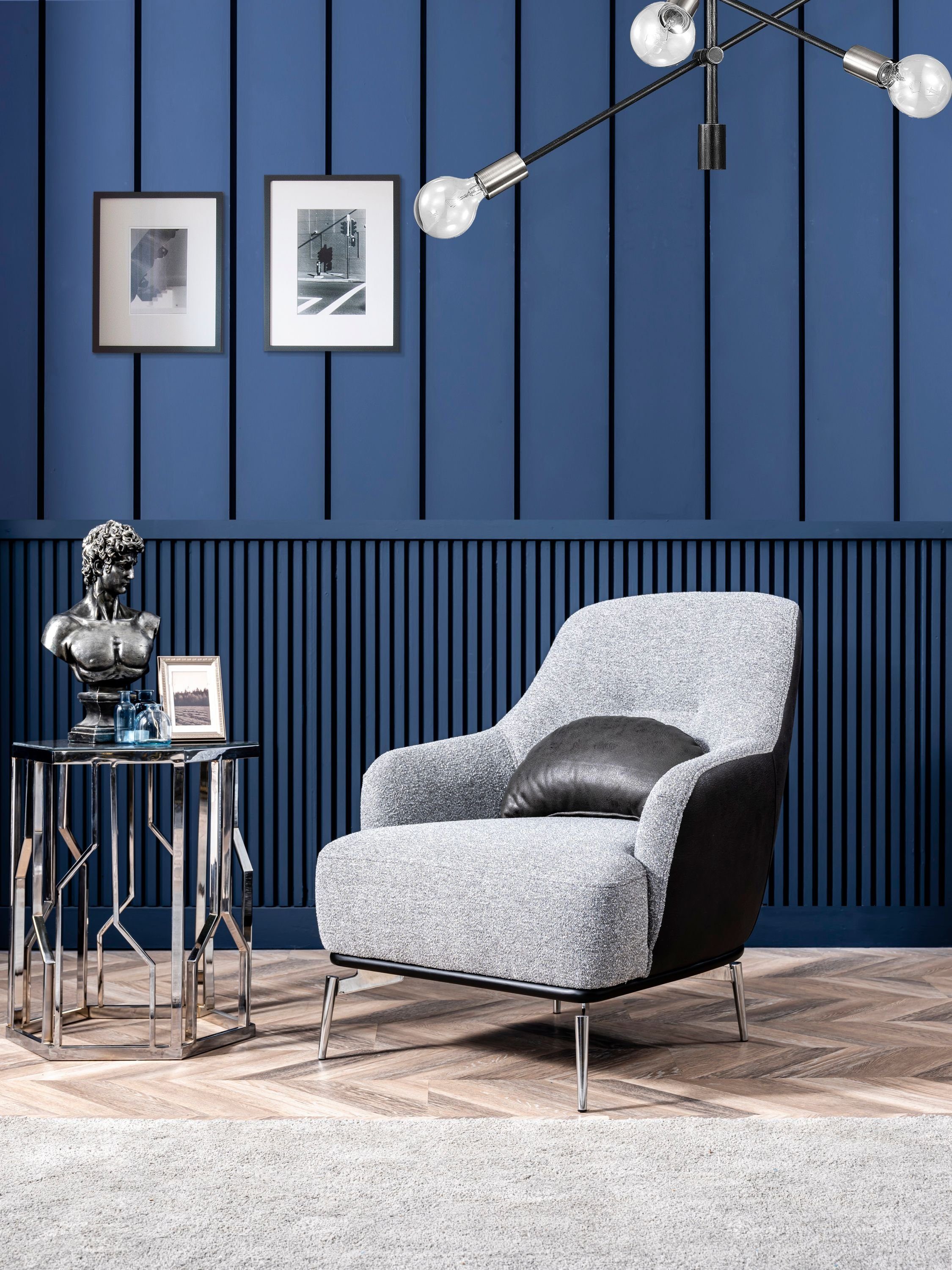 (moderne Lederoptik), 1-St., Villa Flachgewebe Rio Sesselrücken Sessel Quality in Made in edler Grau Möbel (100% Metallfüße, Turkey, Polyester)