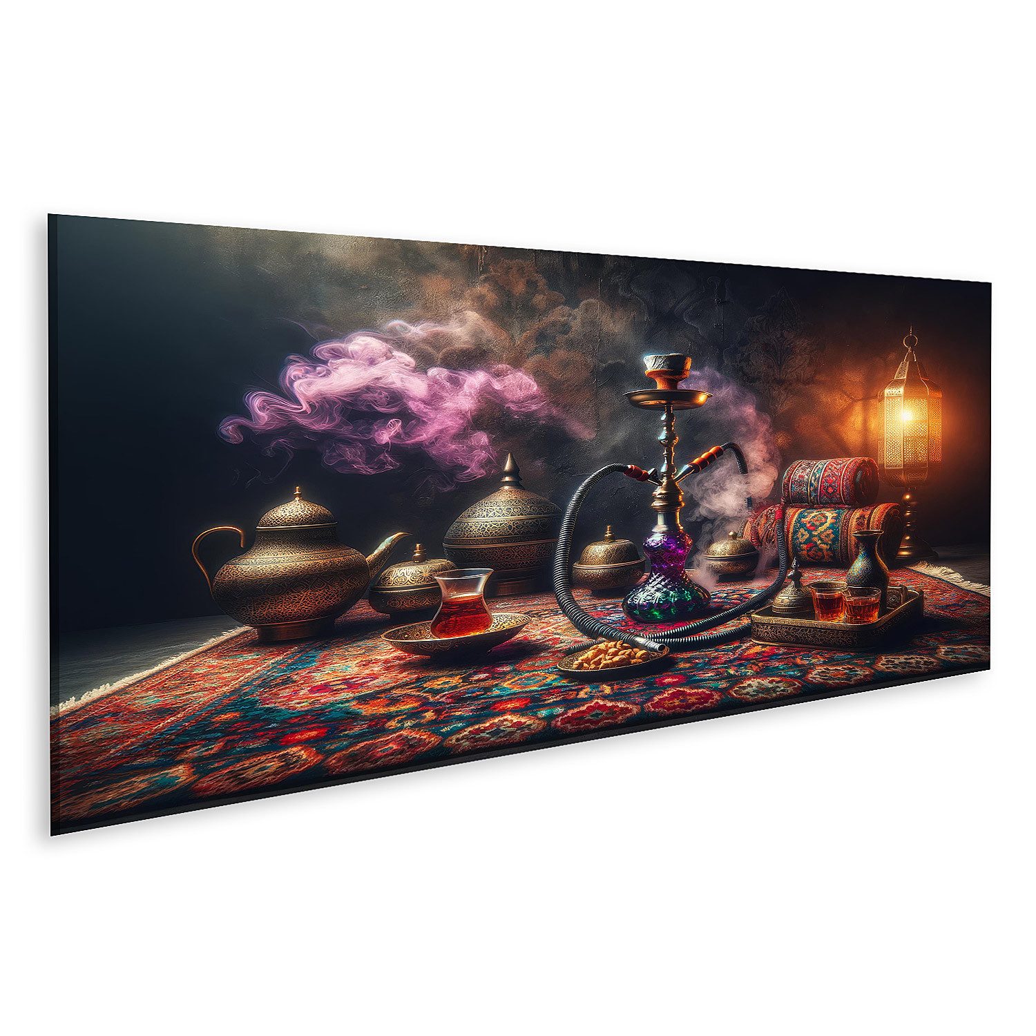 Leinwandbild Orientalische Lounge mit rauchender Shisha und traditionellem Teeset