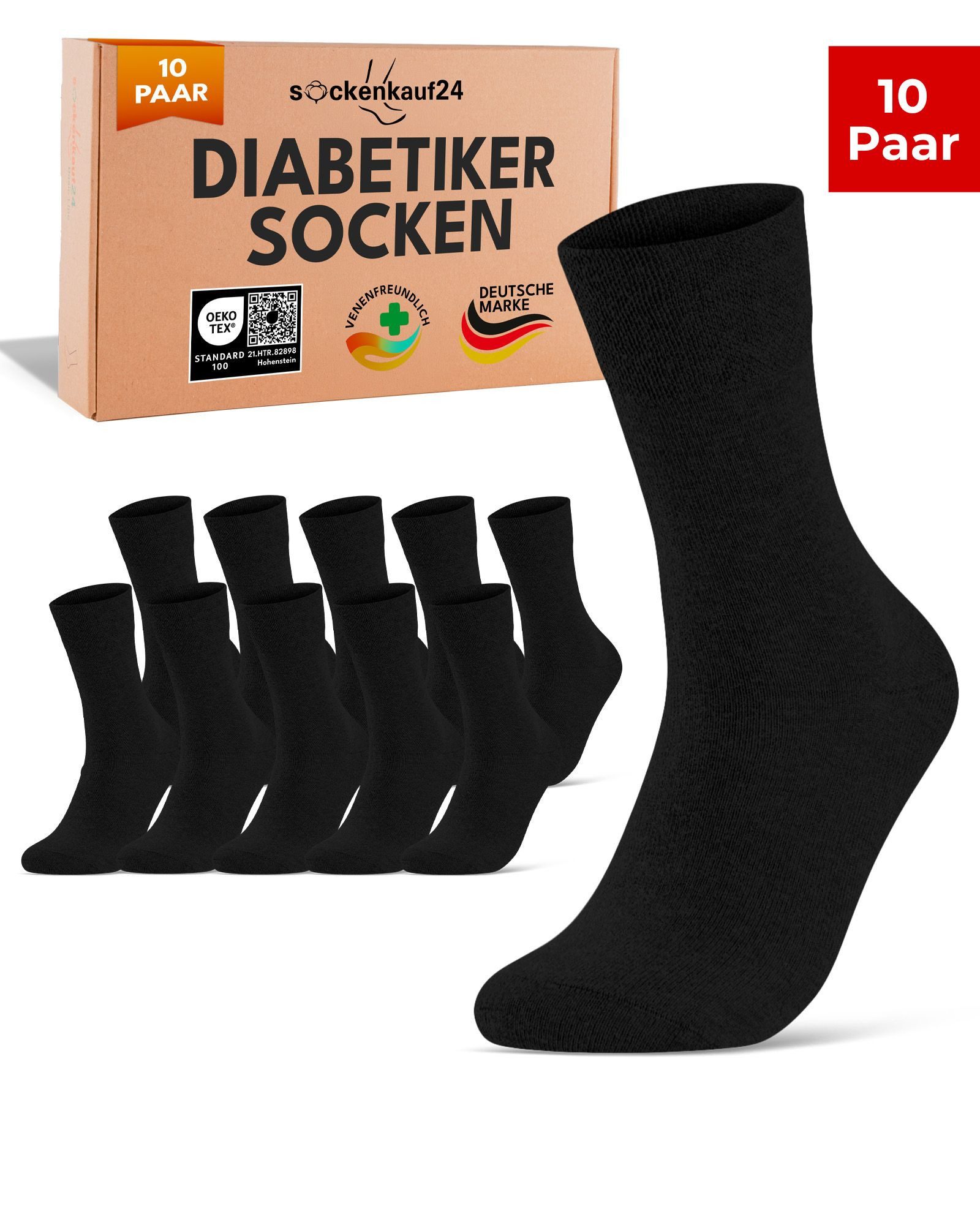 sockenkauf24 Diabetikersocken ohne Gummibund & ohne Naht aus Baumwolle (10-Paar) Diabetiker Socken mit Komfortbund ohne Gummi für Damen & Herren