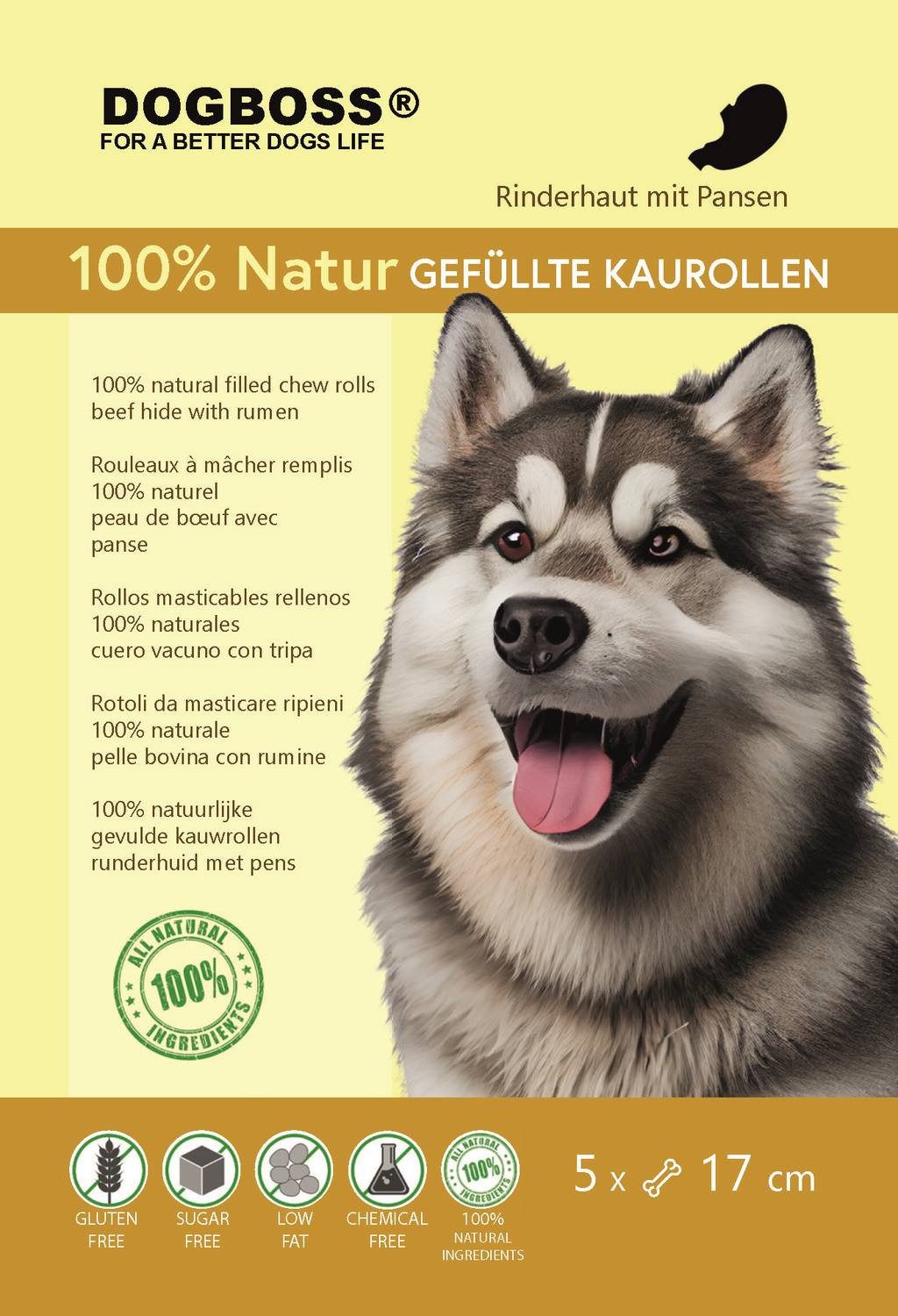 DOGBOSS DOGBOSS 100% Natur gefüllte Kaurollen, hergestellt in EU 5er Set Pansen 17 cm, Snack für: Hunde