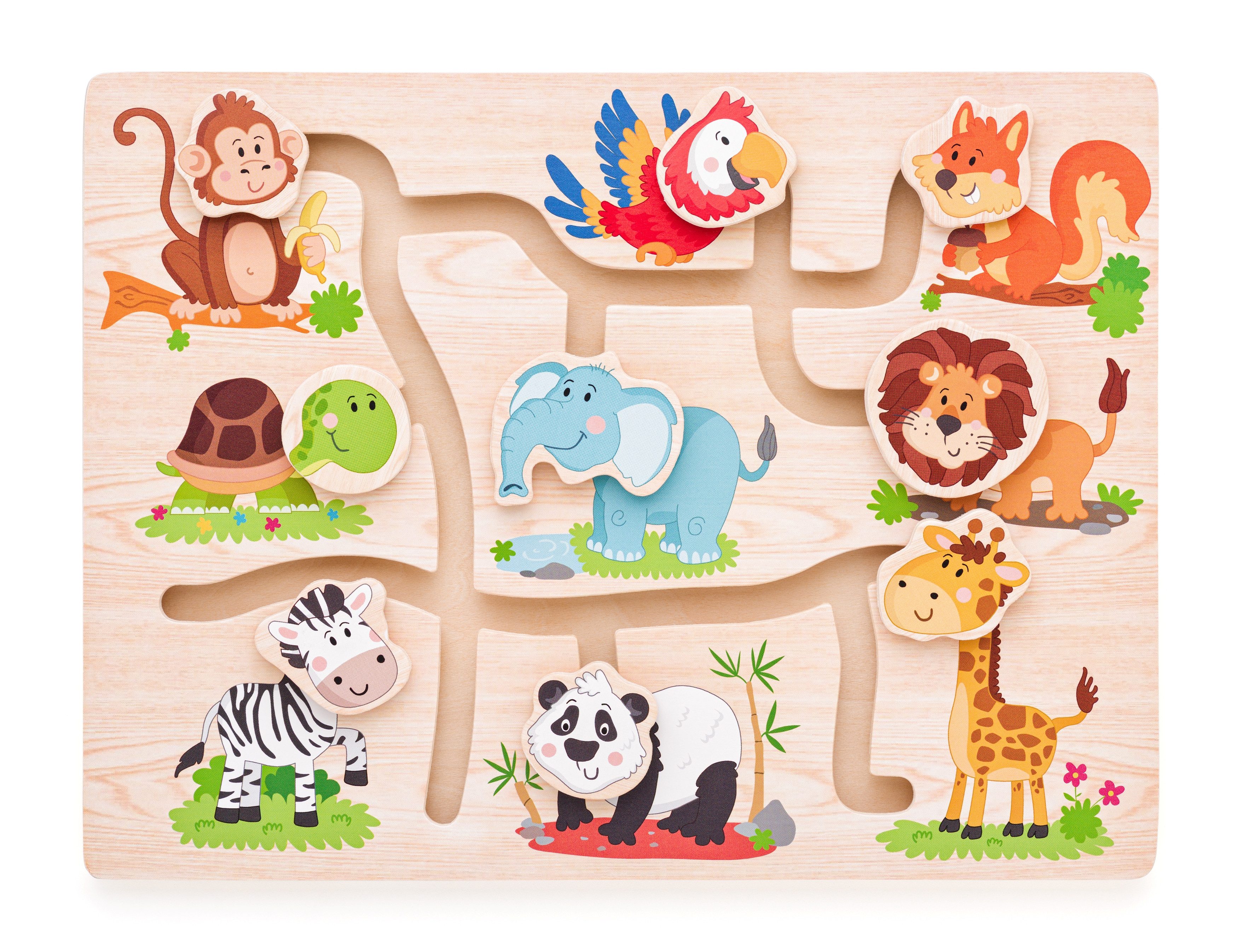 Woodyland Lernspielzeug Motorikbrett 90313 Holz - Puzzle / Labyrinthpuzzle zum Thema Tiere, Lernspiel zum Thema Tiere