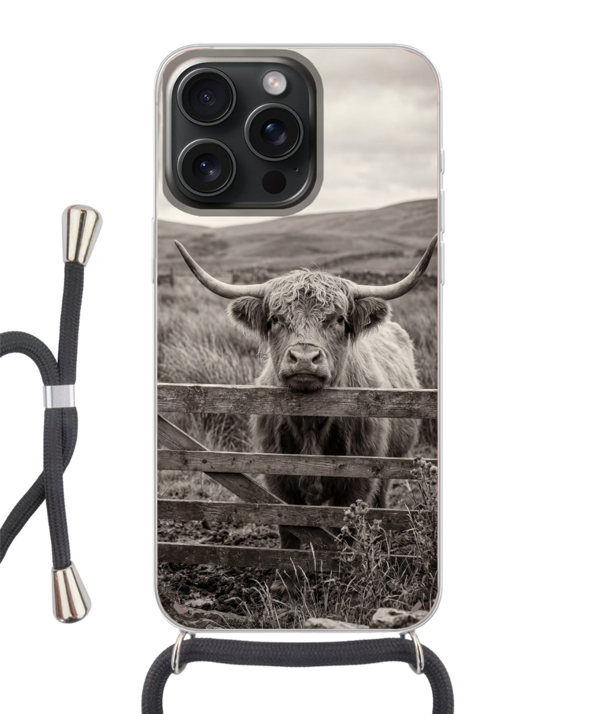 MuchoWow Handyhülle für Apple iPhone 15 Pro Max Schottischer Highlander - Schwarz - Weiß -, Tragbare Handyhüllen mit Kette zum umhängen, Handykette Handyband