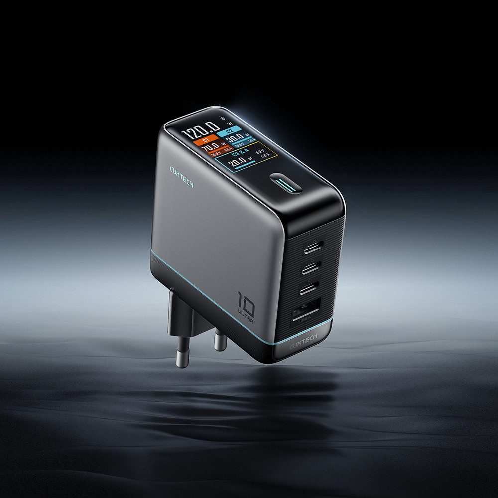 Cuktech GaN-Netzteil Reiseladegerät USB-Ladegerät (Spar-Set, 1-tlg., 67 x 76 x 33 mm kompakt, 120W GaN, Display, 4 Anschlüsse, App-Steuerung)