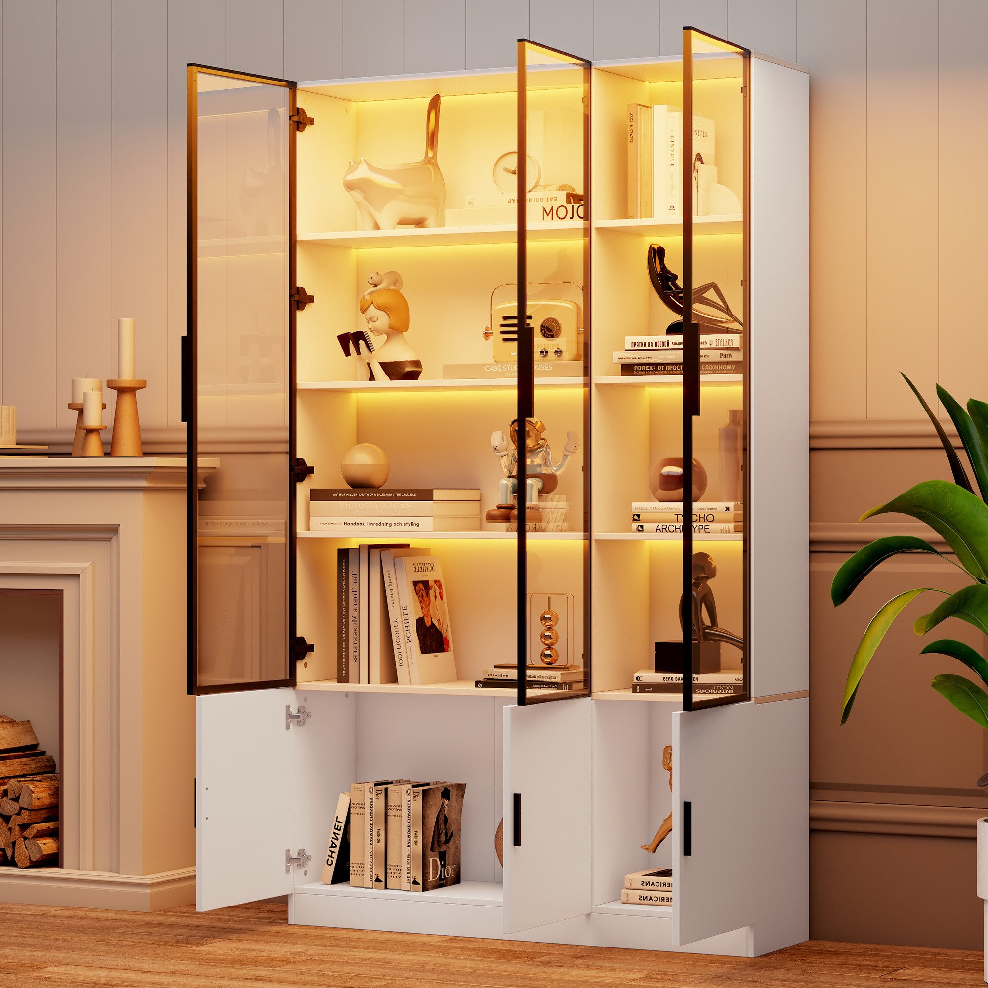 REDOM Vitrine Aufbewahrungsschrank 120x200x32 cm mit 6 Türen, Glasfront, LED, Weiß (Packung, 1-St., Stauraum mit integrierter Kippsicherung) Schlanke 200cm Vitrine, Elegante Präsentation für Sammlerstücke