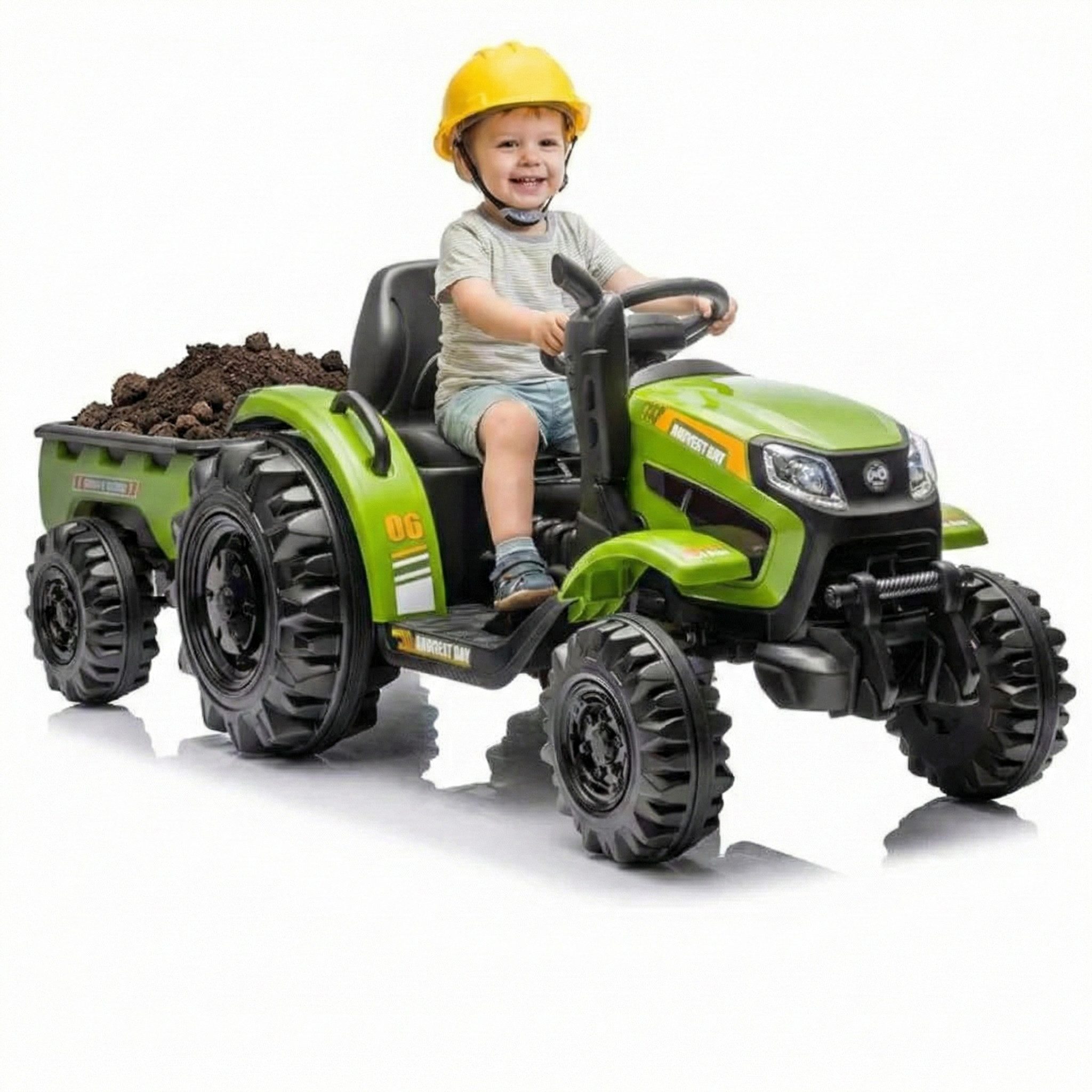 Hecht Elektro-Kindertraktor mit abnehmbarm Anhänger bis 5km/h, bis 30kg, 12V / 10 Ah, Belastbarkeit 30 kg, Hupe, Scheinwerfer, Traktor Sounds, Radio, USB, AUX, SD