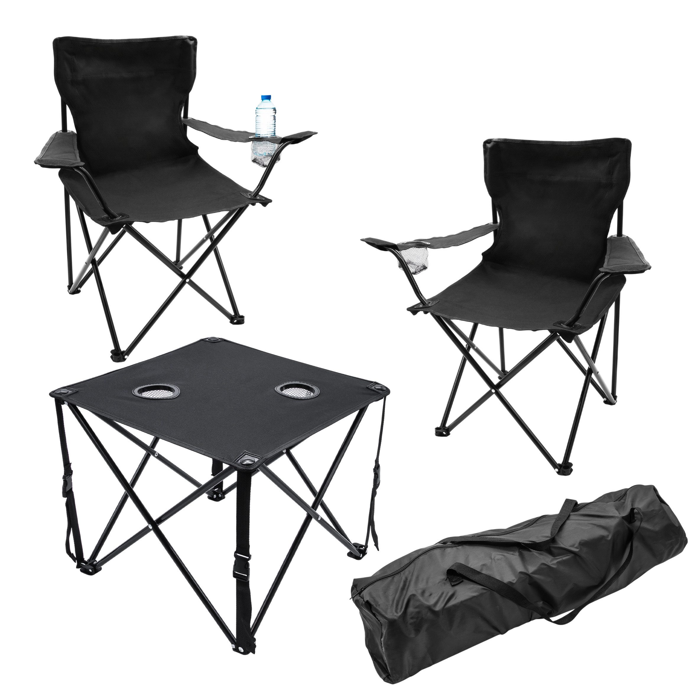 Spetebo Campingstuhl Sitzgruppe Tisch und 2 Stühle für Garten & Camping (3 tlg., 1 St), Outdoor Sitzgarnitur faltbar mit jeweils integriertem Getränkehalter