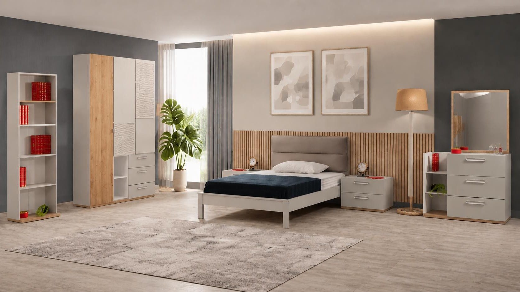 Xlmoebel Kleiderschrank Grauer Kleiderschrank für Jugendzimmer mit viel Stauraum (Jugendzimmer-Set, 6-St., 5-tlg)