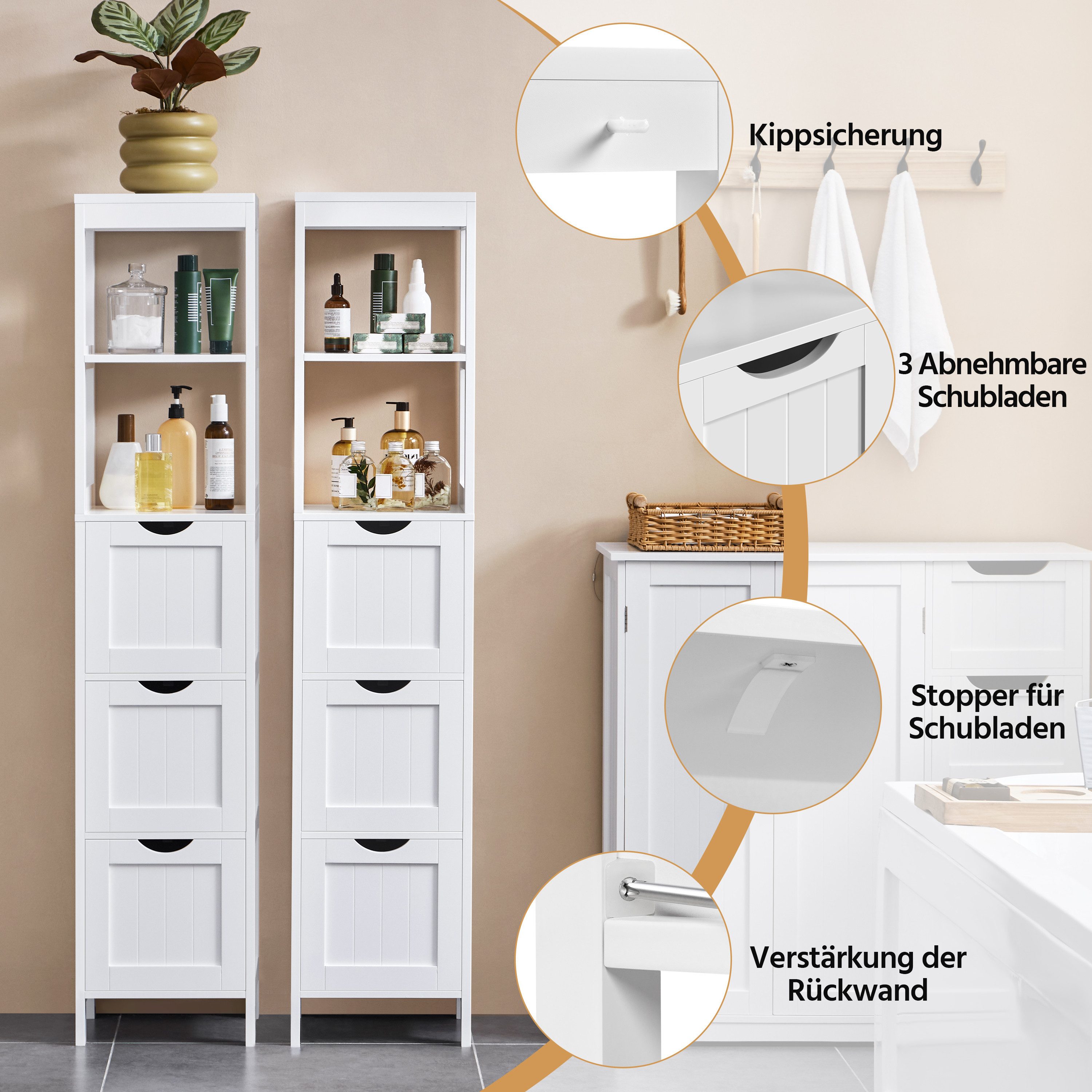 Yaheetech Hochschrank Badezimmerschrank mit 3 Schubladen & 2 Ablagefächern platzsparender Aufbewahrungsschrank, 30 × 30 × 142 cm – Bild 5 von 5
