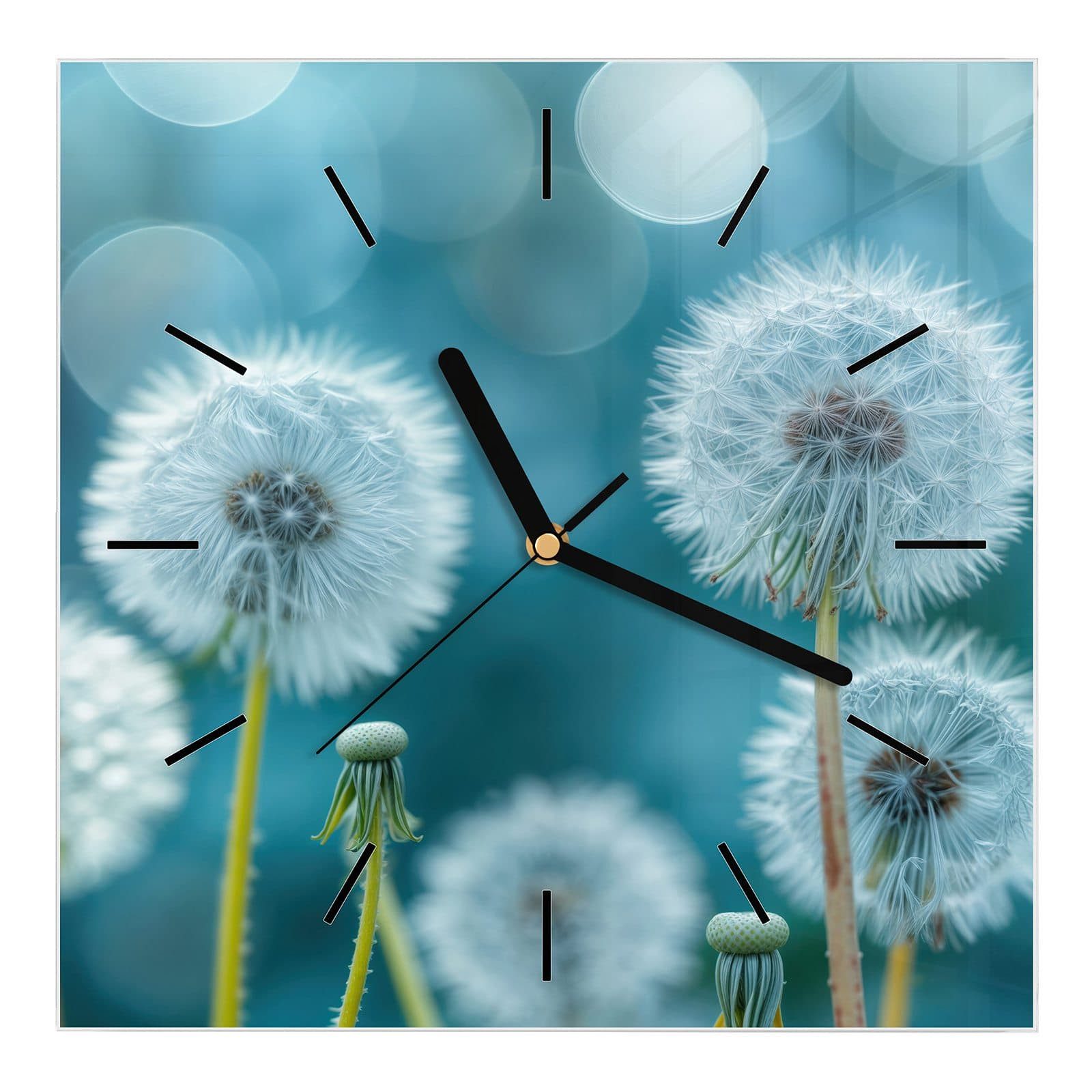 Wanduhr Glasuhr Wanduhr Wandkunst Größe 30 x 30 cm mit Motiv Löwenzahnwiese
