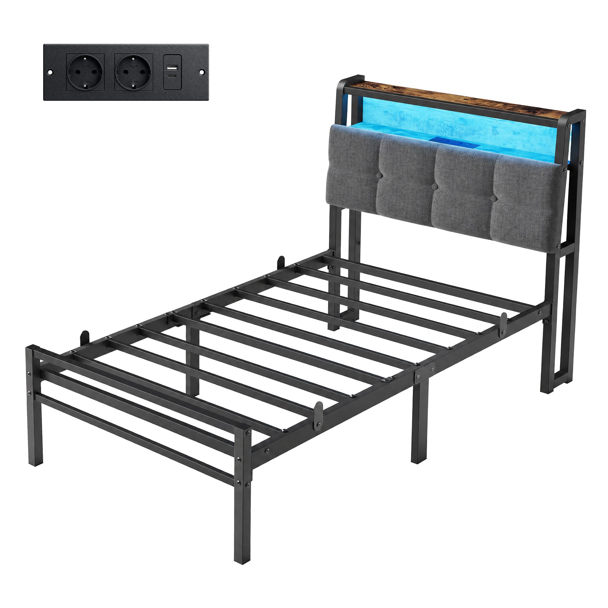VASAGLE Bettgestell mit Kopfteil, Bett mit Stauraum und LED Beleuchtung, Steckdosen, Metallbett, 90 x 200 cm, Mattes Schwarz, für Schlafzimmer