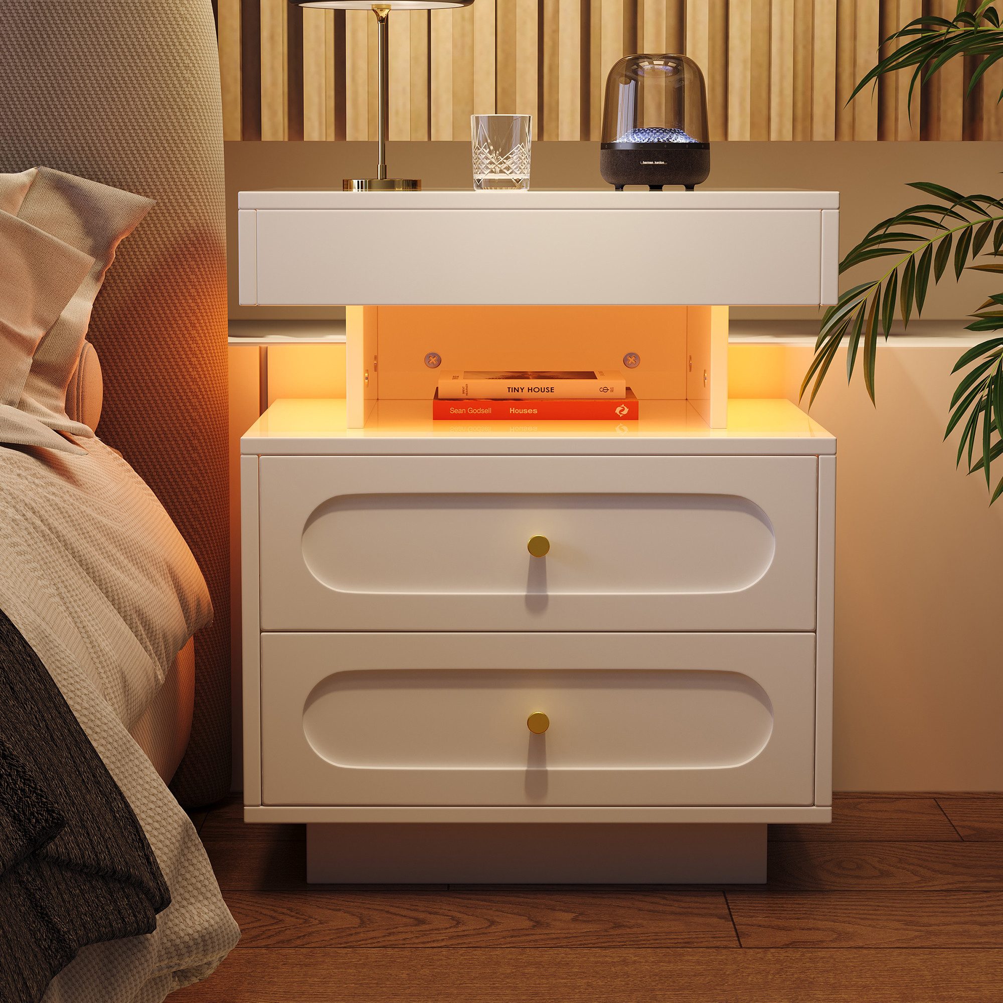 Flieks Nachttisch (1-St), Nachtschrank Nachtkommode 50*40*60cm mit LED-Beleuchtung, 2 Schubladen