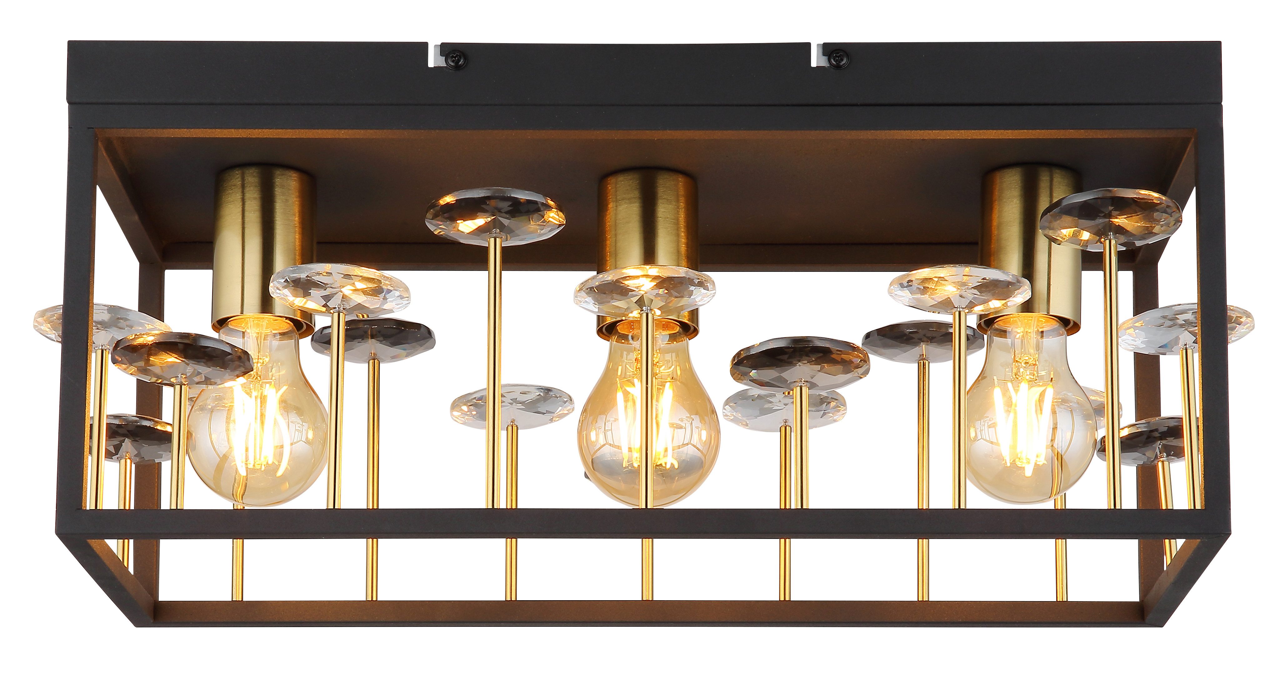 GLOBO LIGHTING Deckenleuchte LISBON, Leuchtmittel wechselbar, Schwarze Deckenleuchte mit Goldakzenten, K9 Kristalle, LED 3x E27