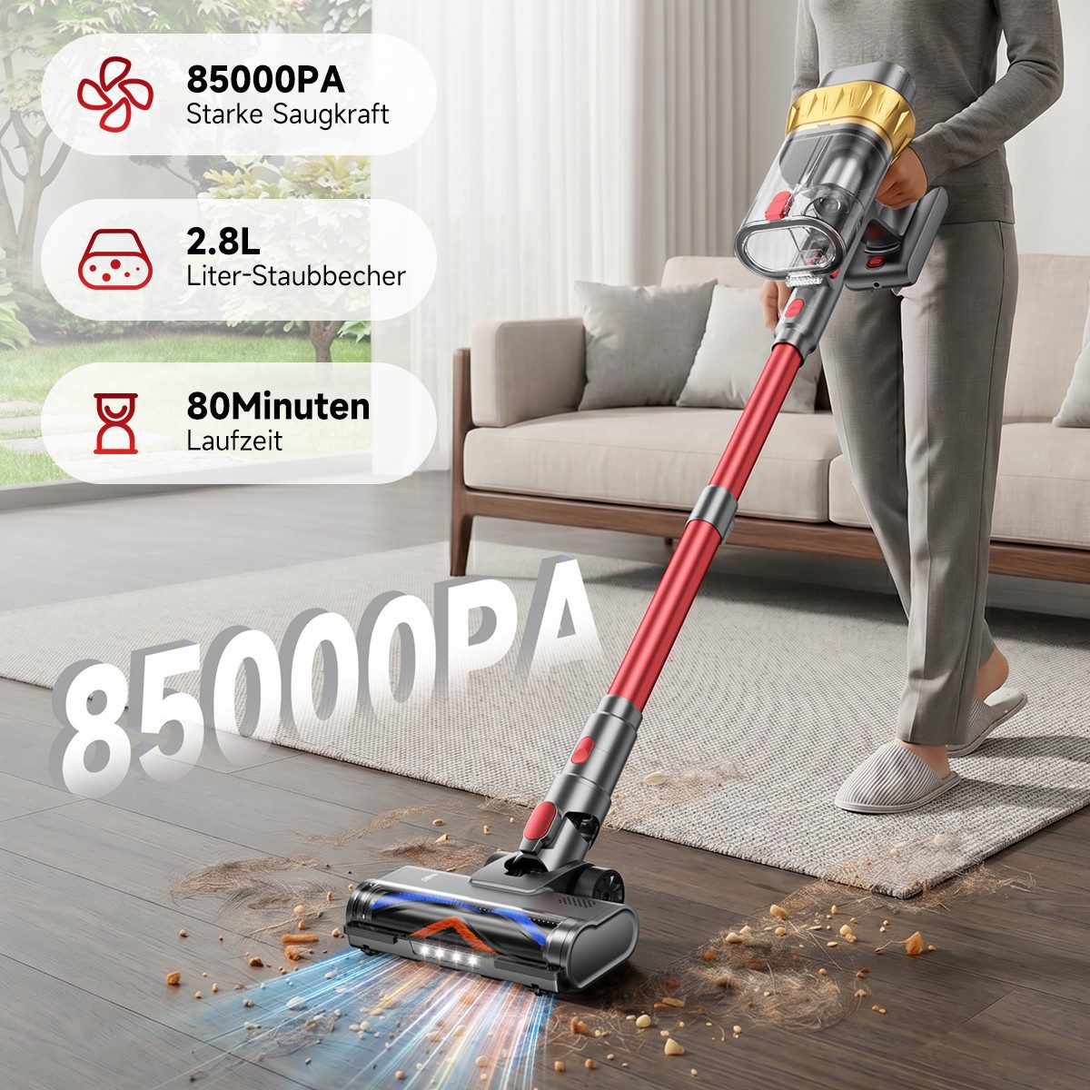 Pdgrid Akku-Hand-und Stielstaubsauger 85kPa/80min/2,8 l Akku Staubsauger beutellos Selbststehendes, 650 W, beutellos, Selbststehendes,Staubsauger für Tierhaare,Teppich und Hartboden