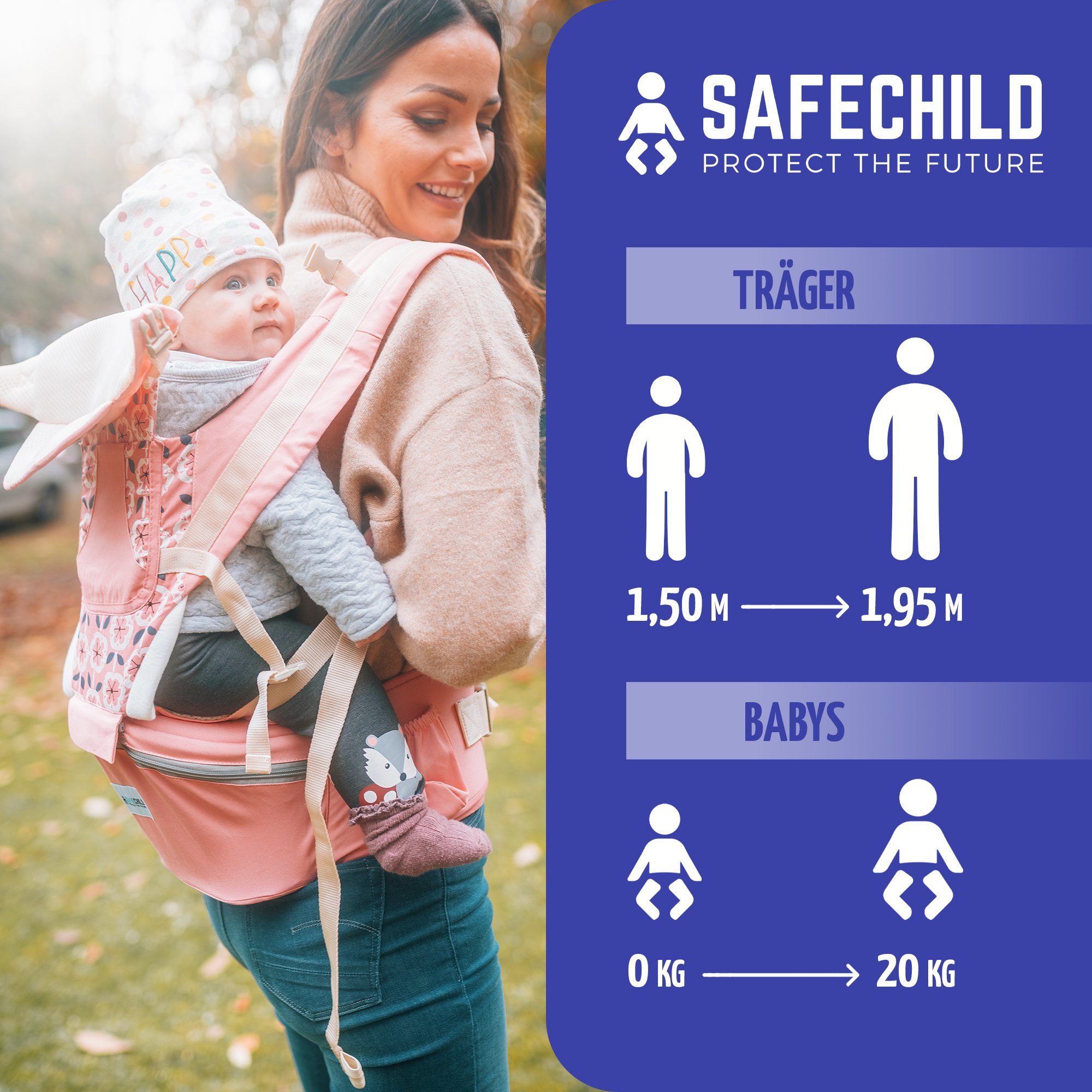 SafeChild Babytrage Premium Windeltasche, Neugeborene, PinkMuster Handytasche Flaschenhalterung, Hüftsitz, Mesh-Gewebe, 100% Design, Baumwolle