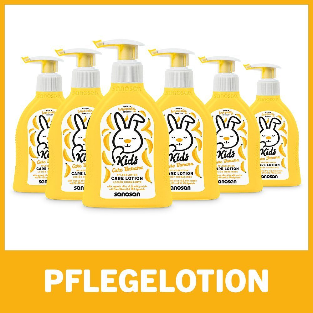 sanosan Körperlotion Pflegelotion Banane für Kinder - Lotion mit Bio Olivenöl & Milchprotein im 6er Pack (6x 200 ml) - Hautpflege, Bodylotion, Körperlotion, Körpermilch, Hautschutzlotion, 6-tlg.