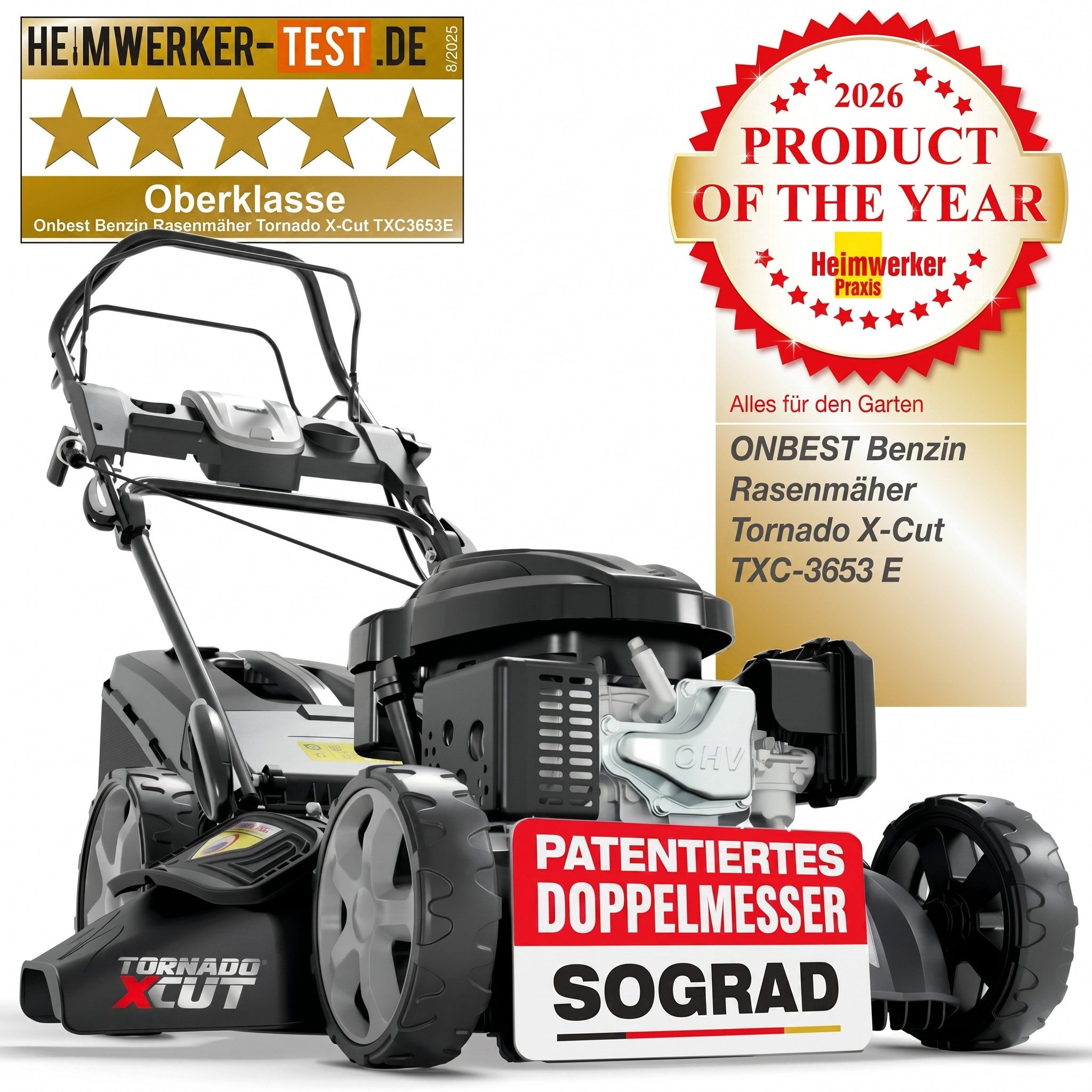 Onbest Benzinrasenmäher 5in1 mit Radantrieb Elektrostart Tornado X-Cut, 53.00 cm Schnittbreite, 6,5PS, Doppelmesser mit Sograd