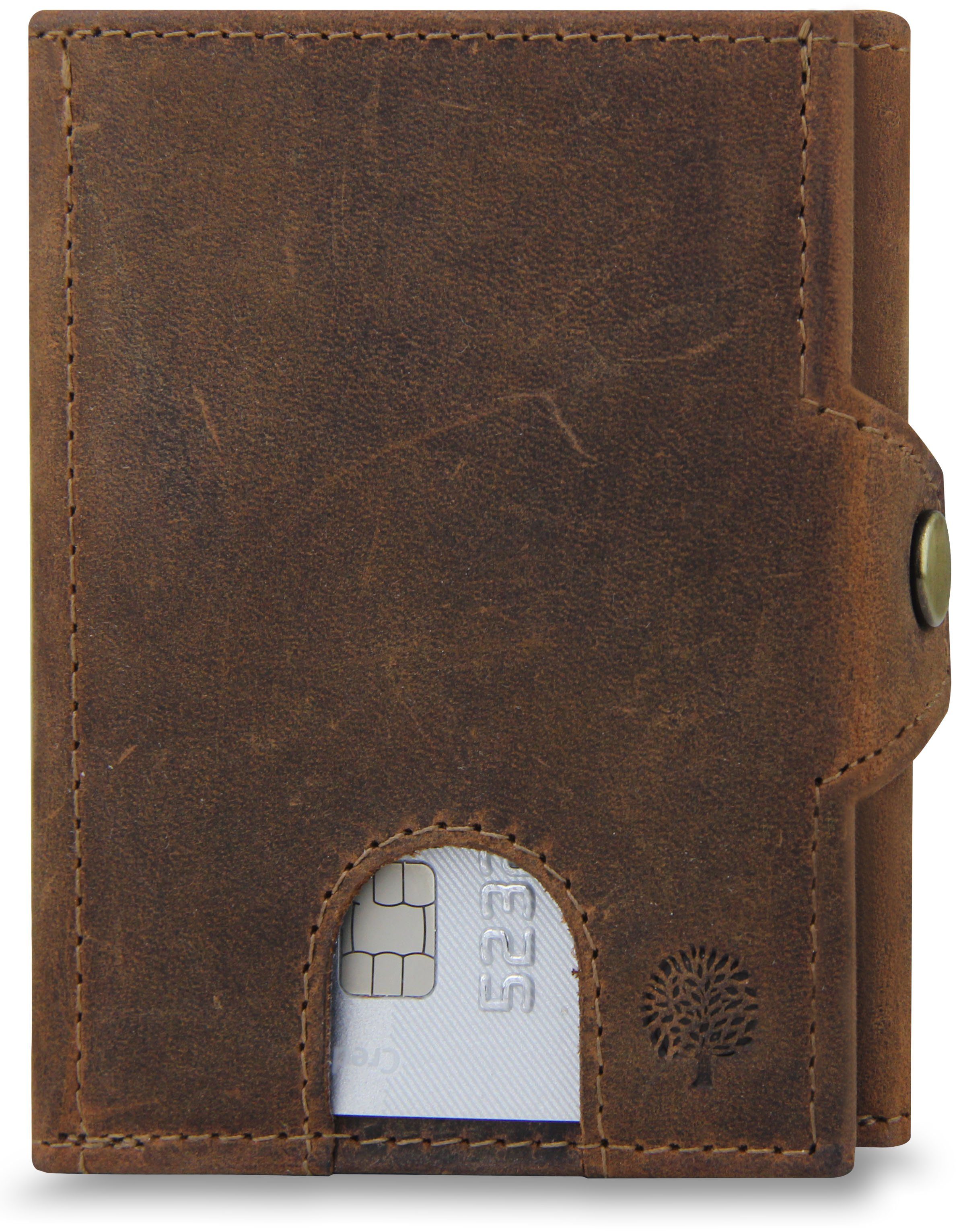 Frentree Mini Geldbörse Slim Wallet mit RFID-Schutz - Geldbörse aus echtem Leder - Mini, Geldbeutel mit Münzfach - Echtleder Portemonnaie Kartenetui Klein Braun Wildleder