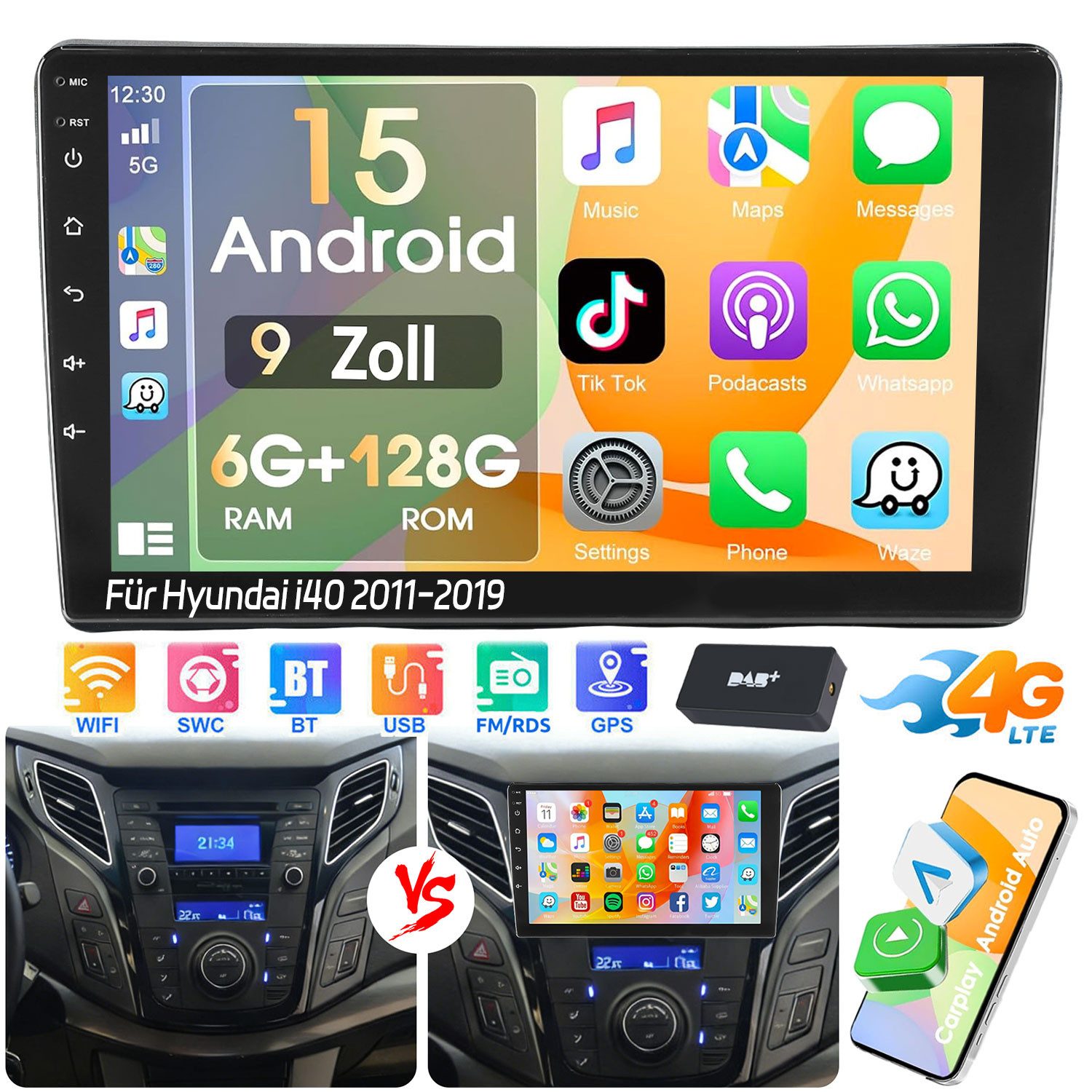 ESSGOO 4G 6+128G Carplay Android15 Autoradio Für Hyundai i40 2011-2019 BT 5.0 Autoradio (DAB+ (optional), DAB (optional), 4G LTE, RDS, AM, FM, 6GB+128GB, Carplay Android Auto Bluetooth EQ USB GPS Navi WIFI Touchscreen)