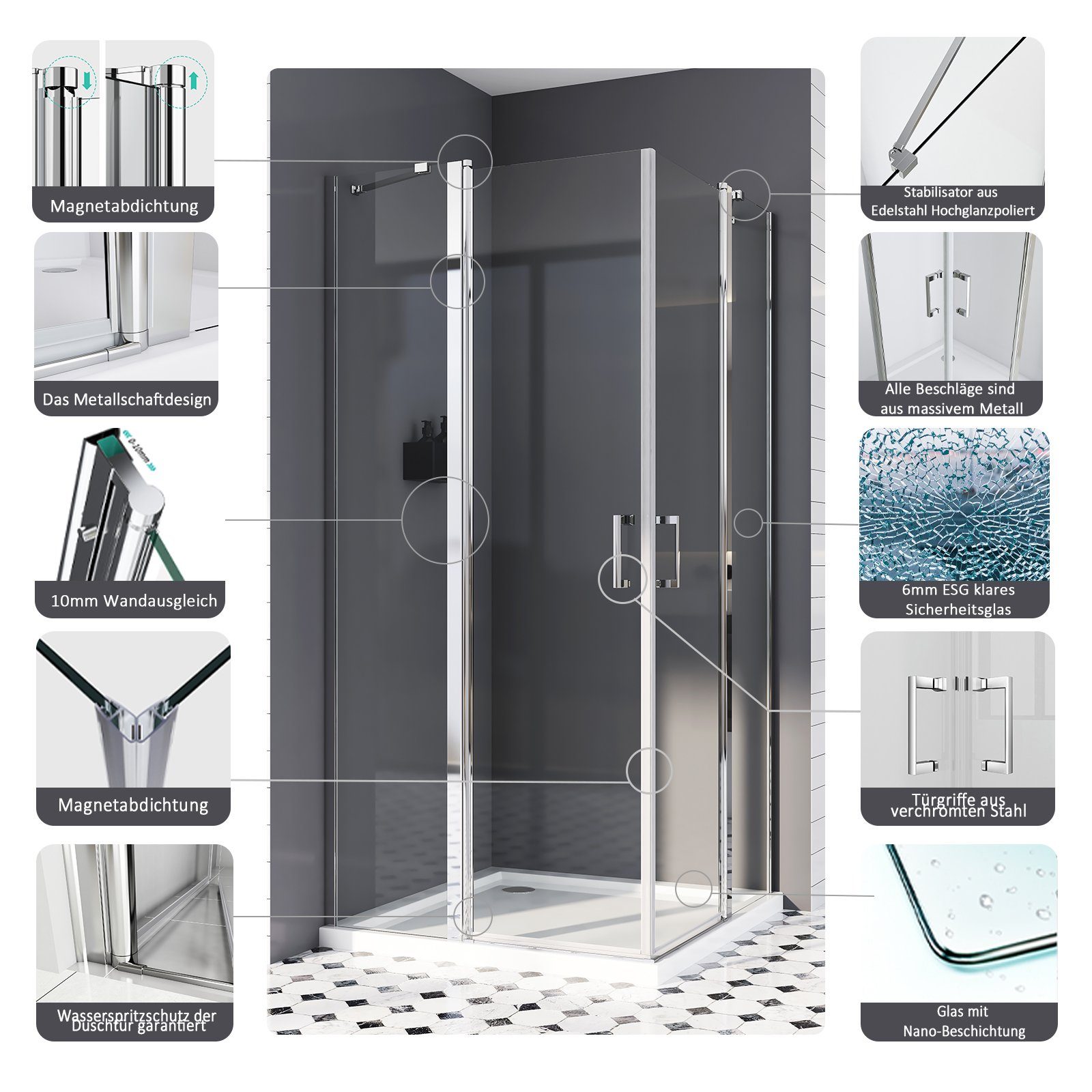 Boromal Eckdusche Duschkabine 90x80 80x90 Schwarz günstig online kaufen
