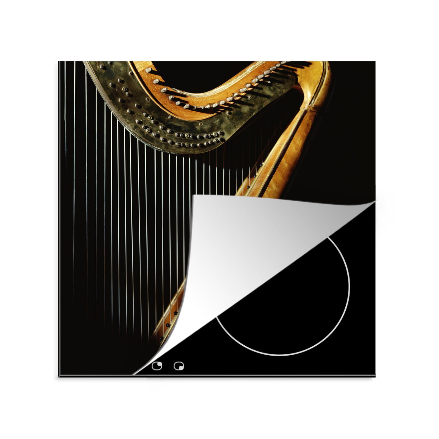 MuchoWow Herdblende-/Abdeckplatte Harfe auf schwarzem Hintergrund, Vinyl, (1 tlg), 78x78 cm, Ceranfeldabdeckung, Arbeitsplatte für küche