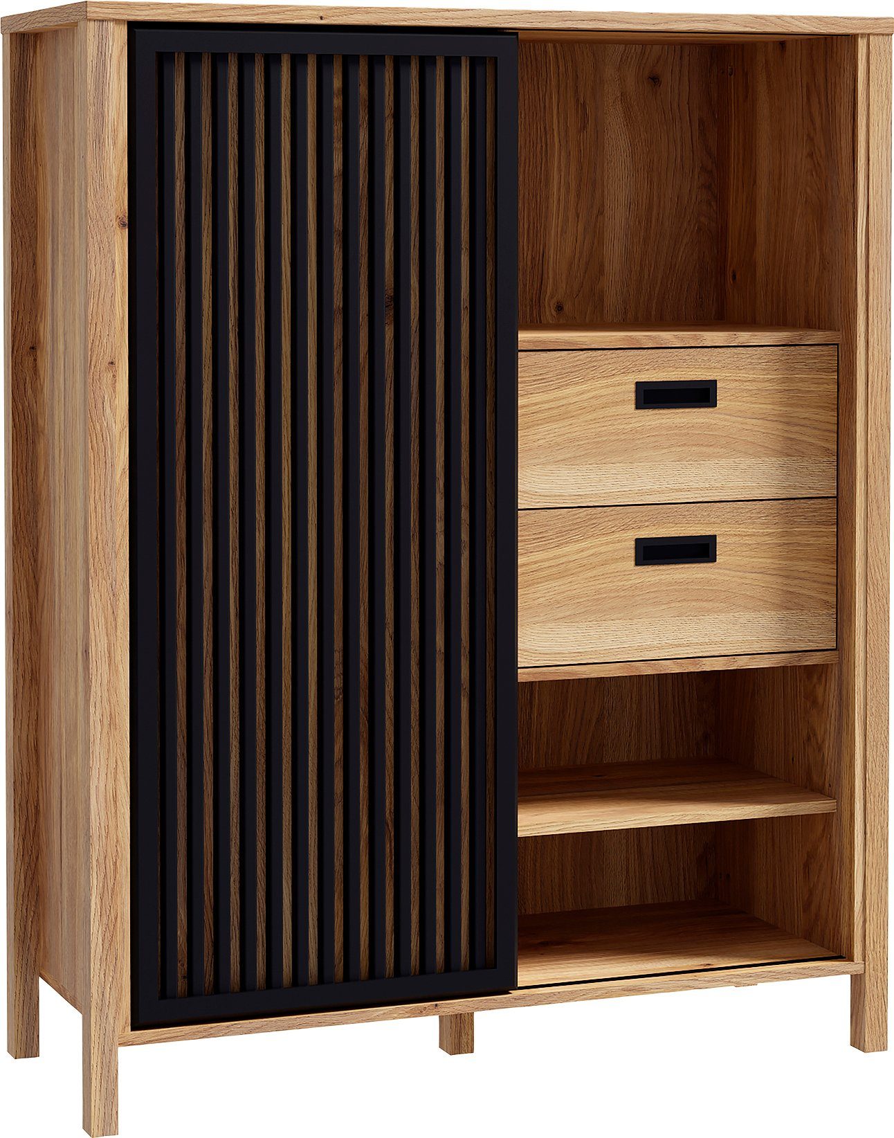 FORTE Highboard Jytana, Breite 103,4 cm, Schiebetüre mit Lamellenoptik, Mauvella Eiche/Schwarz