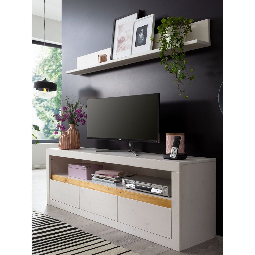 Lomadox TV-Wand WILSON-69, (2-tlg), in weiß Kiefer Massivholz, TV Lowboard, Wanboard, Softclose, 160 cm