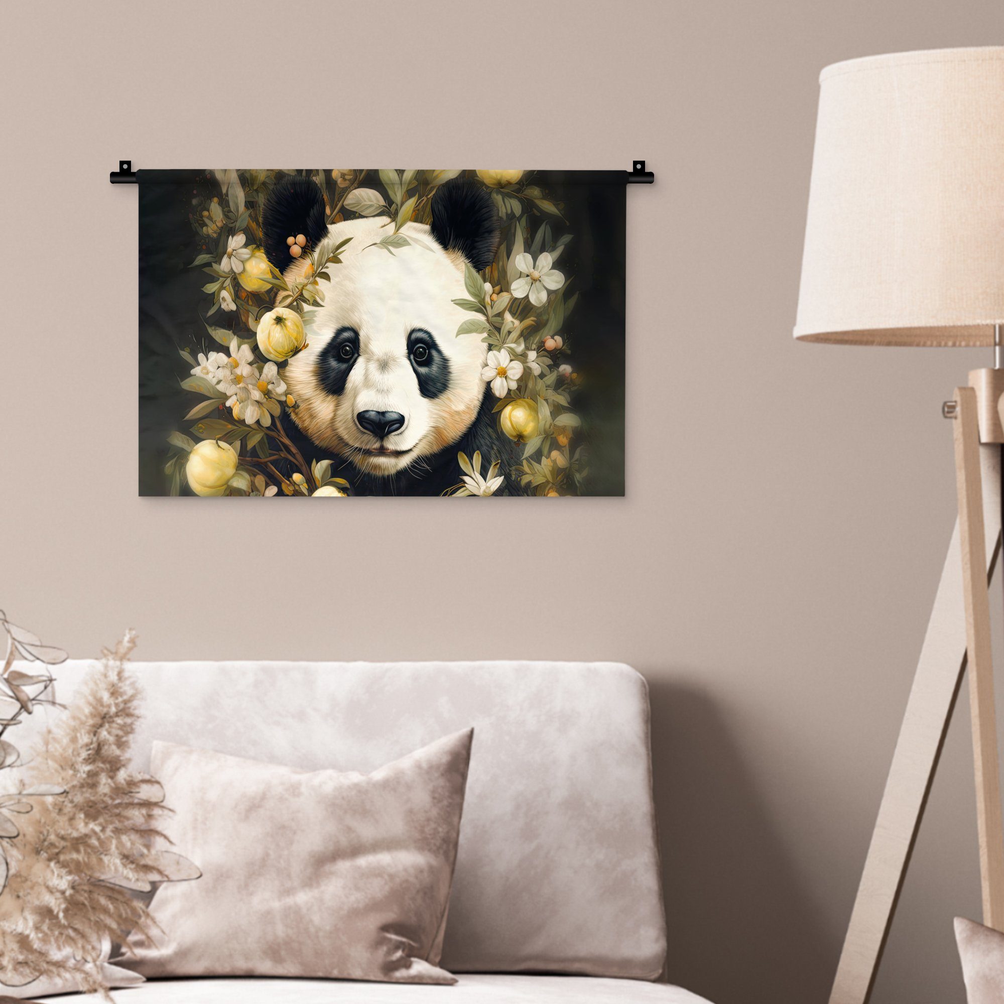 Blumen, Wohnzimmer, Wanddekoobjekt MuchoWow - Kinderzimmer Kleid, Pandabär Wildtiere Schlafzimmer, für - - Wandbehang, Wanddeko Panda
