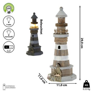 CEPEWA Windlicht LED Leuchtturm maritim Kiefernholz Jute H29cm Antikfinisch Leuchtfeuer