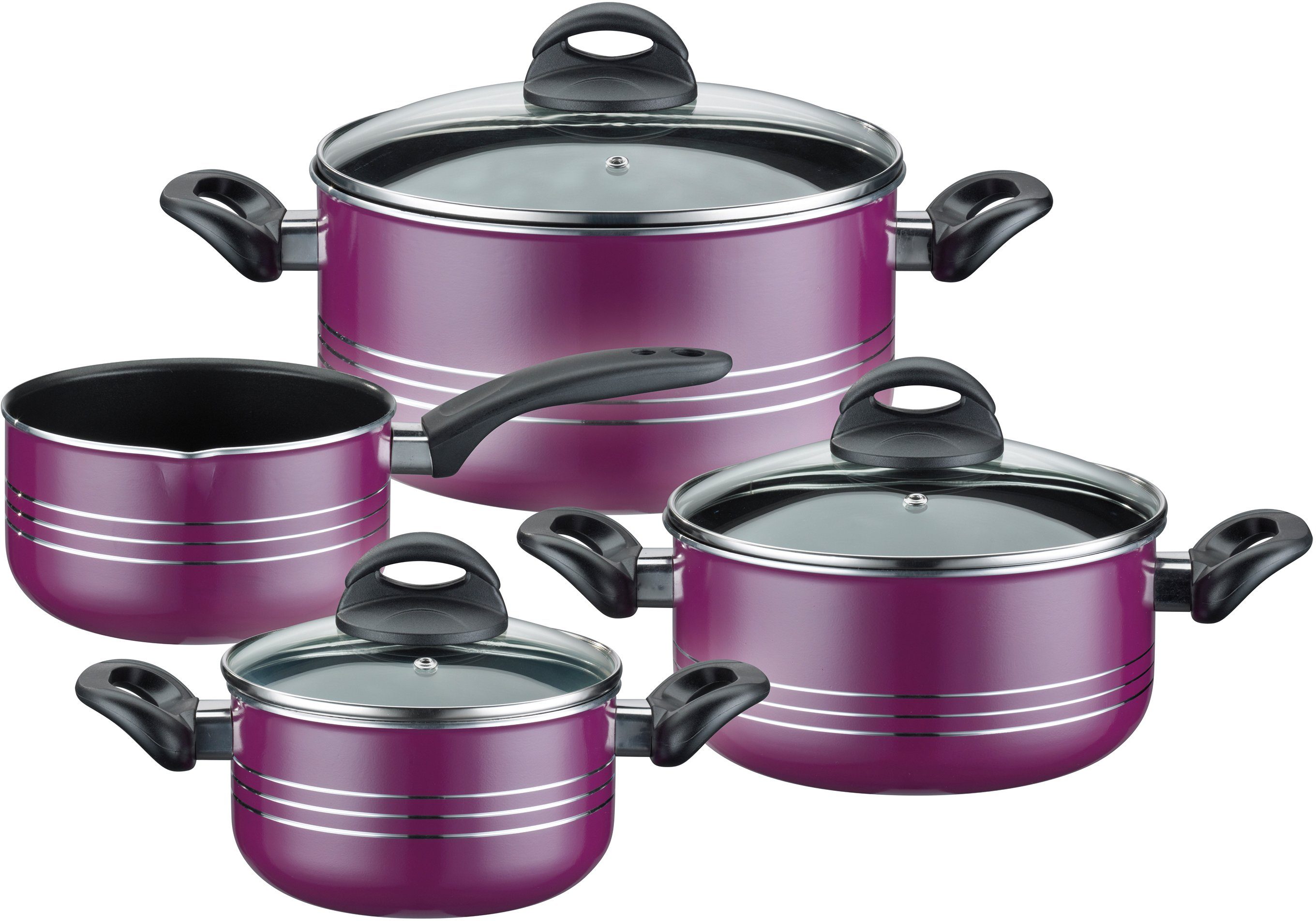 GSW Topf-Set Milano color, Leichtmetall-Legierung, Aluminium (Set, 7-tlg., je 1 Kochtopf Ø 16/20/24 cm, 1x Stielkasserolle Ø 16 cm), extra starker FerroTherm®Boden, Induktion