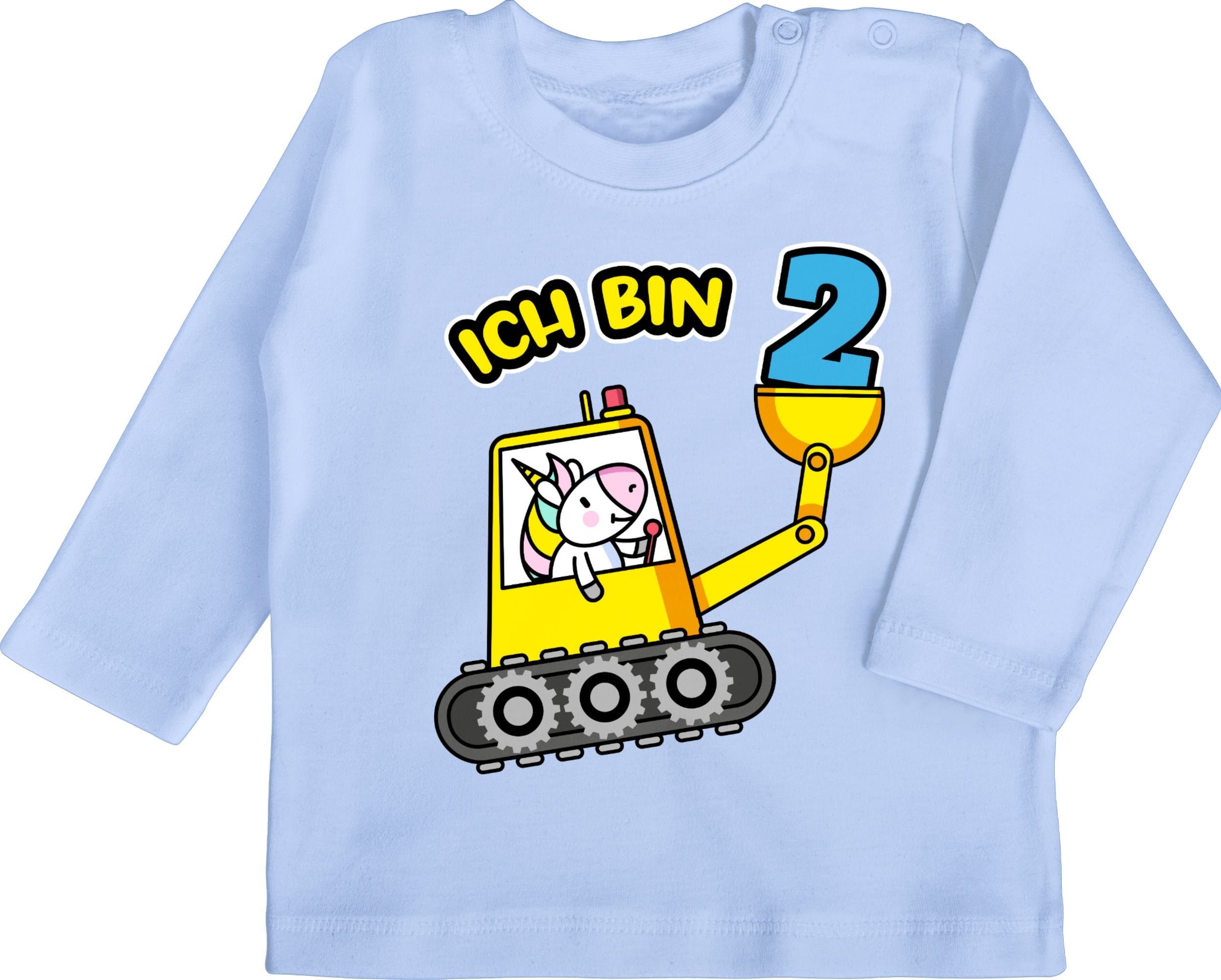Shirtracer T-Shirt Ich bin zwei Einhorn mit Bagger - 2. Geburtstag - Baby T- Shirt langarm t- shirt 2 jahre - shirts 2. geburtstag - thsirt 2.geburtstag