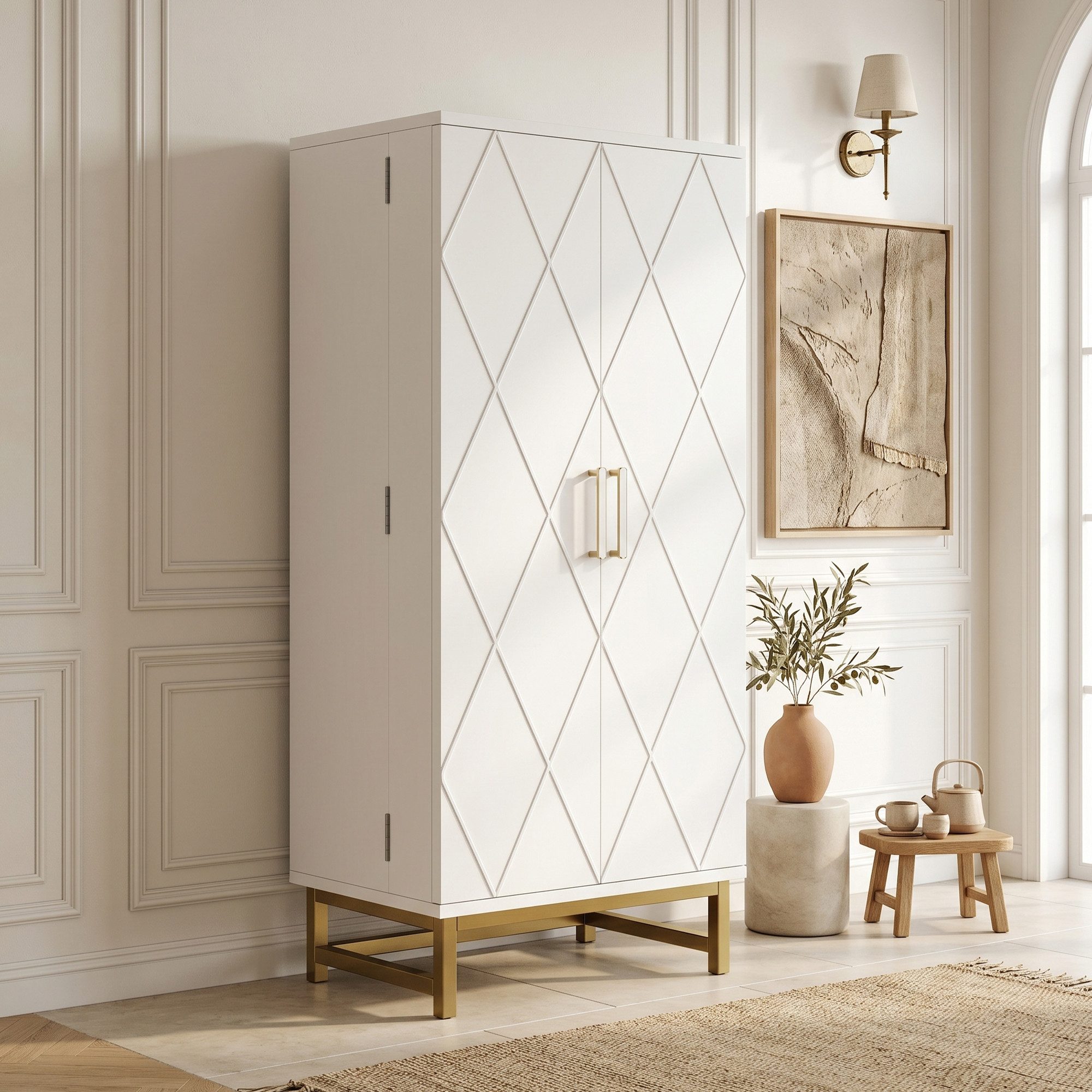STILVORA Sideboard Küchenschränke mit verstellbaren Einlegeböden Vorratsschränke, weiß (Hochschrank, Innenaufteilung, Türfächer, Türablagen, goldene Griffe, kompakte Bauweise)