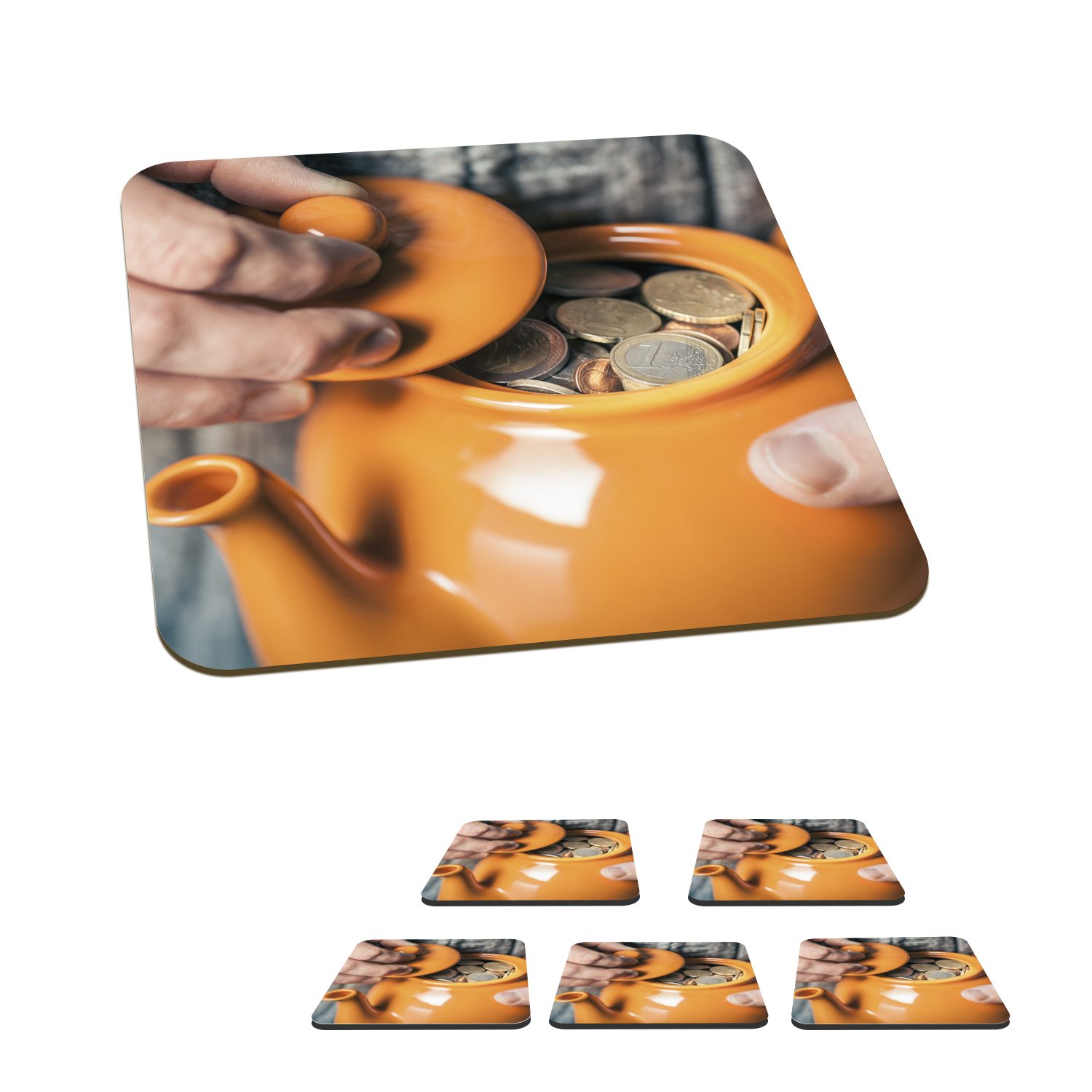 MuchoWow Glasuntersetzer Orangefarbene Teekanne gefüllt mit Münzen, Zubehör für Gläser, 6-tlg., Glasuntersetzer, Tischuntersetzer, Korkuntersetzer, Untersetzer, Tasse