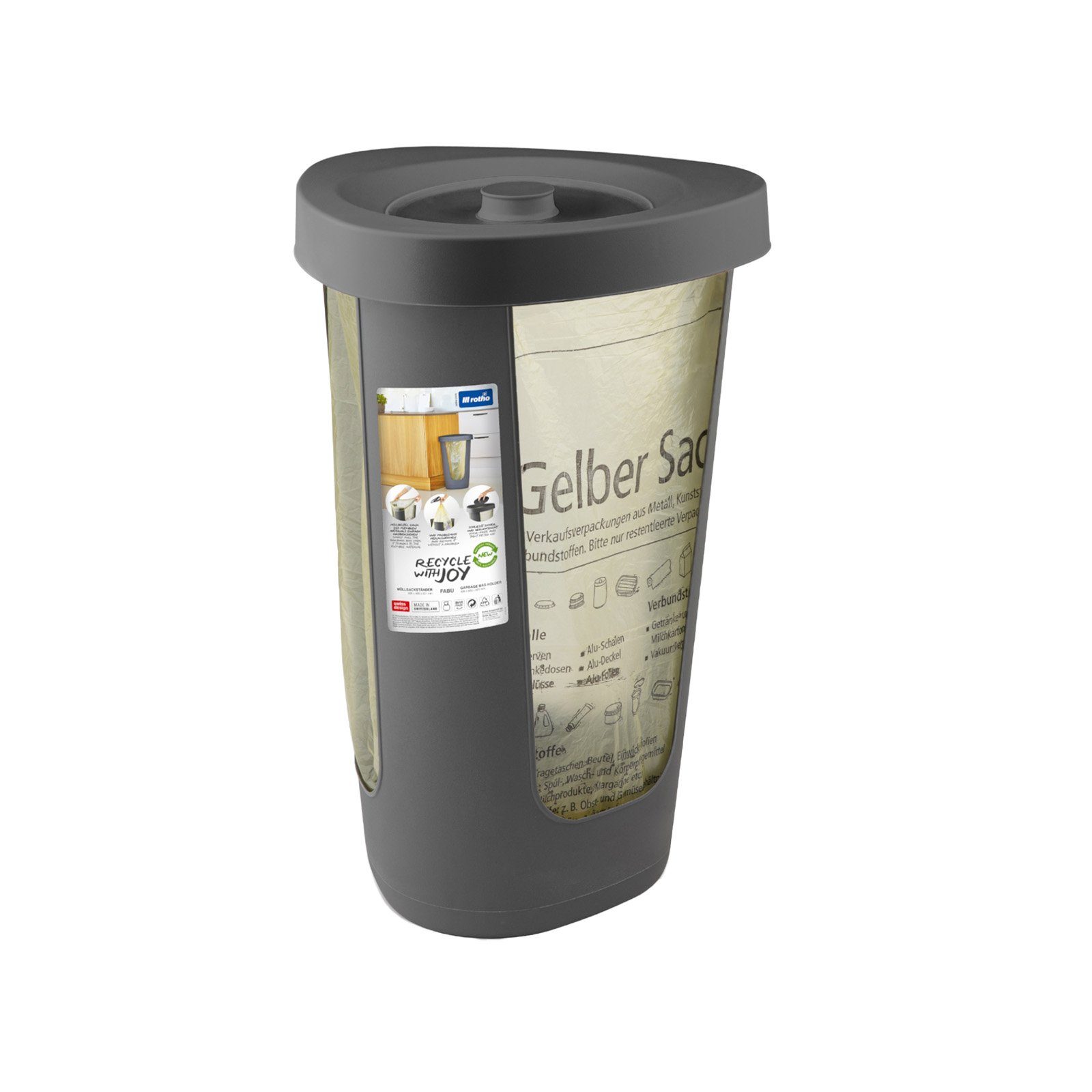 ROTHO Mülleimer Fabu Müllsackständer gelber Kunststoff Sack recycelt) (PP Deckel, mit