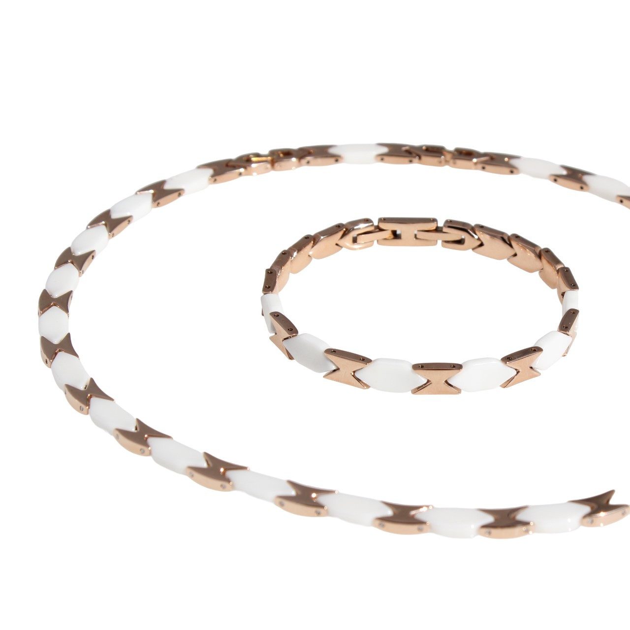 Collier-Set Collier und Armband aus Keramik und Edelstahl weiß/rosegold