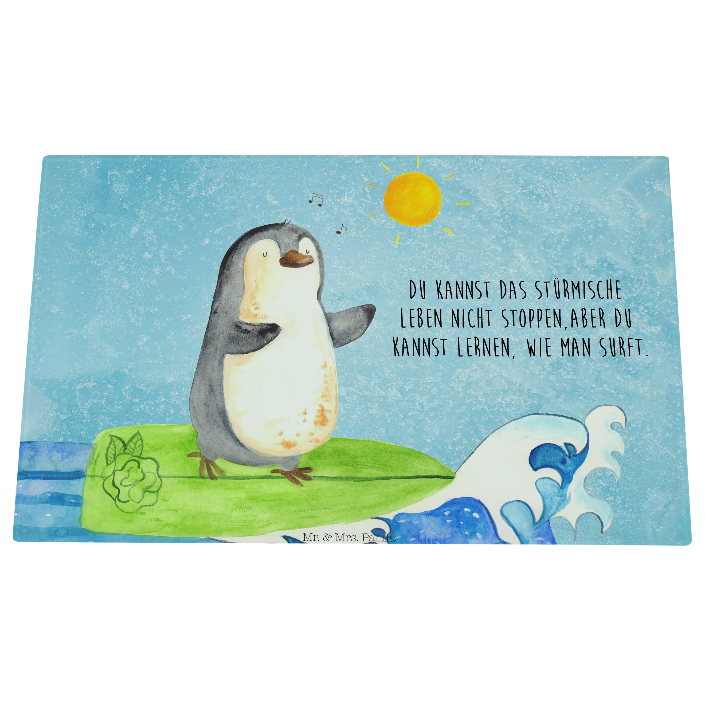 Pinguin Eisblau optimistisch, - Premium Geschenk, (1-St) Servierbrett Mr. - Glas, Panda Surfer Mrs. & Glasschneidebrett,