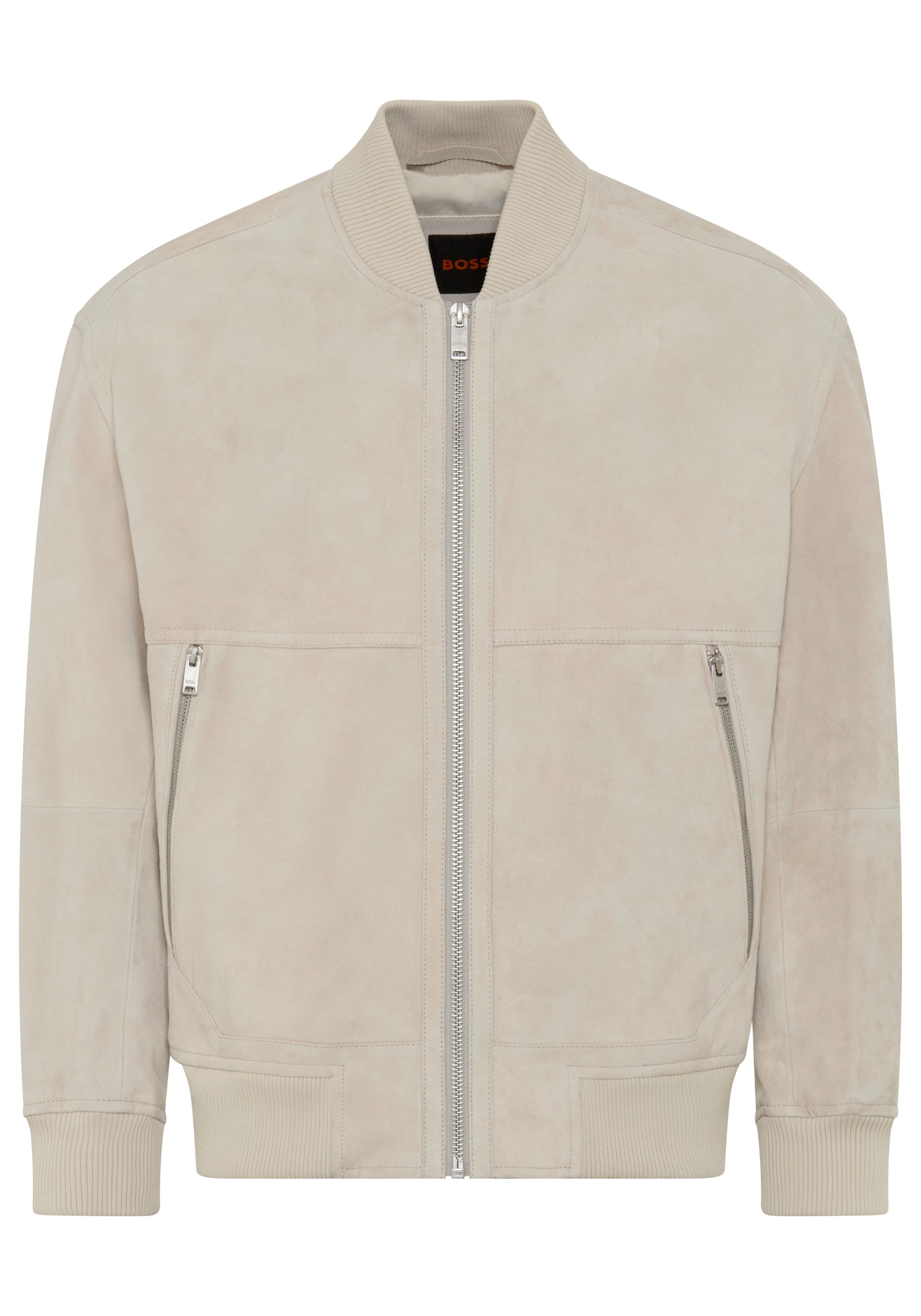 BOSS ORANGE Lederjacke Jonorve Weiches Ziegenveloursleder, Relaxed Fit, Rippstrickbündchen
