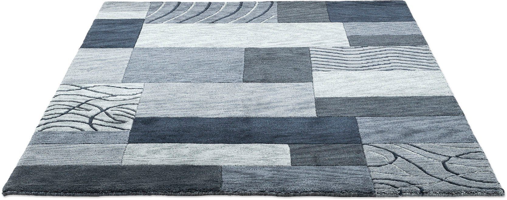 THEKO Wollteppich Domas 4028, handgeknüpft, rechteckig, Höhe: 12 mm, Kurzflor, reine Wolle, modernes Patchwork Design, Wohnzimmer