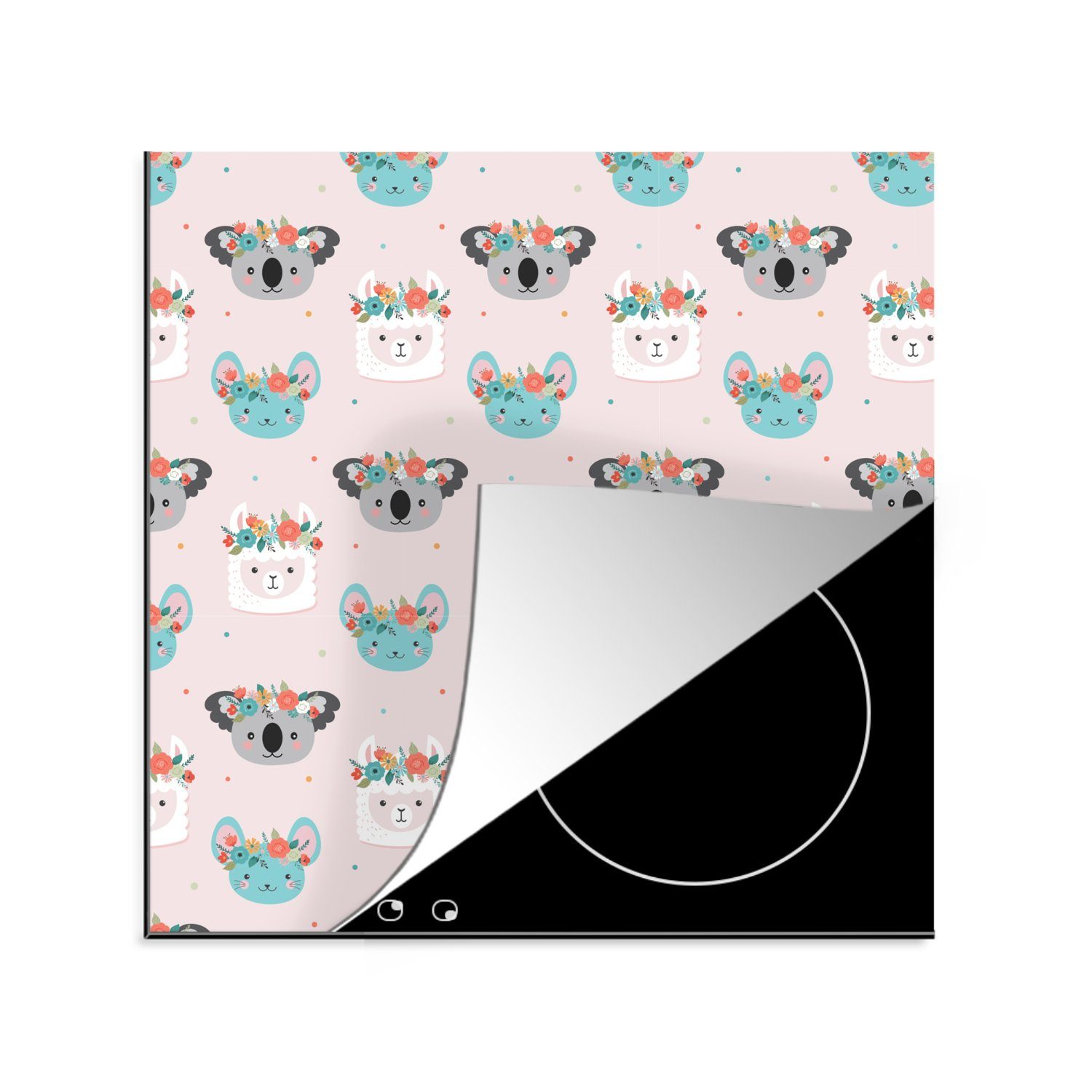 MuchoWow Herdblende-/Abdeckplatte Lama für Koala Vinyl, küche - (1 78x78 - Ceranfeldabdeckung, Blumen cm, Arbeitsplatte - Pastell, tlg)