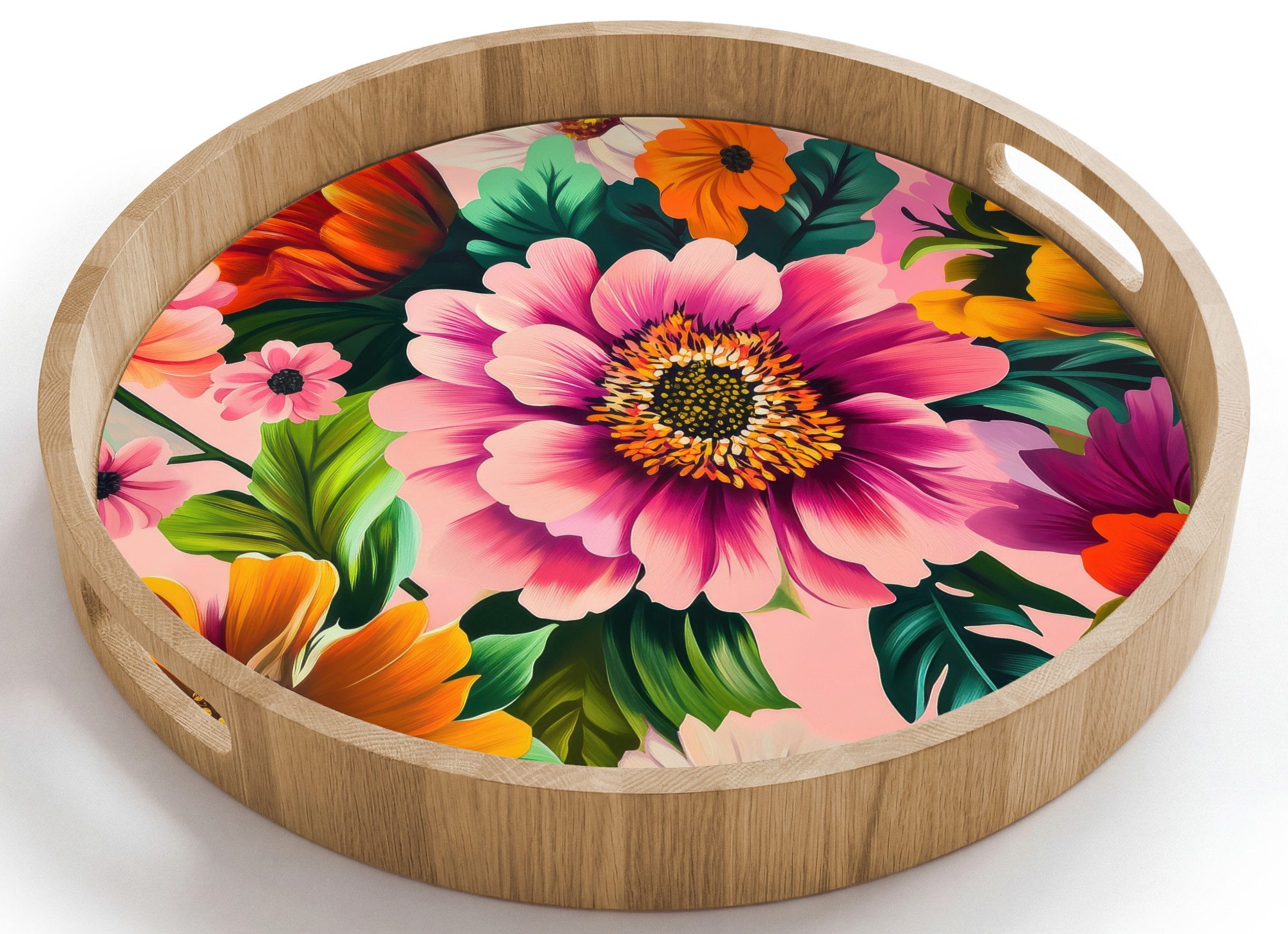 OnlyWow Tablett Rund mit Henkel Blumen - Bunt - Rosa, Eichenholz, (1-tlg), Siervierplatte, Tray, Frühstücksbrett